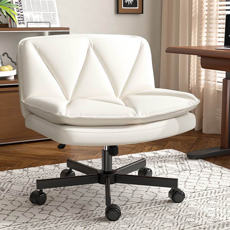 27" W Criss Cross Legged Office Chair Armless Leather Desk Chair With Wheels, Wide Seat, And Back Support