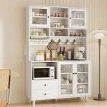 kitchen pantry with glass door and microwave shelf