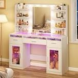 makeup vanity desk with adjustable lighting, see-through desktop, power outlet