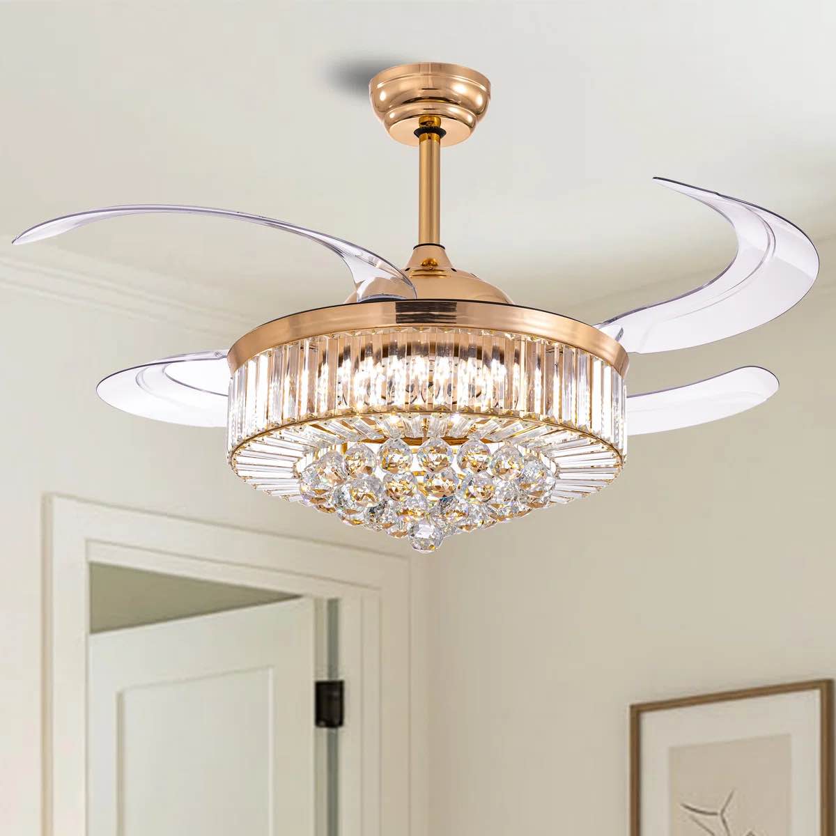 houstyn dimmable crystal ceiling fan with led lights and remote control