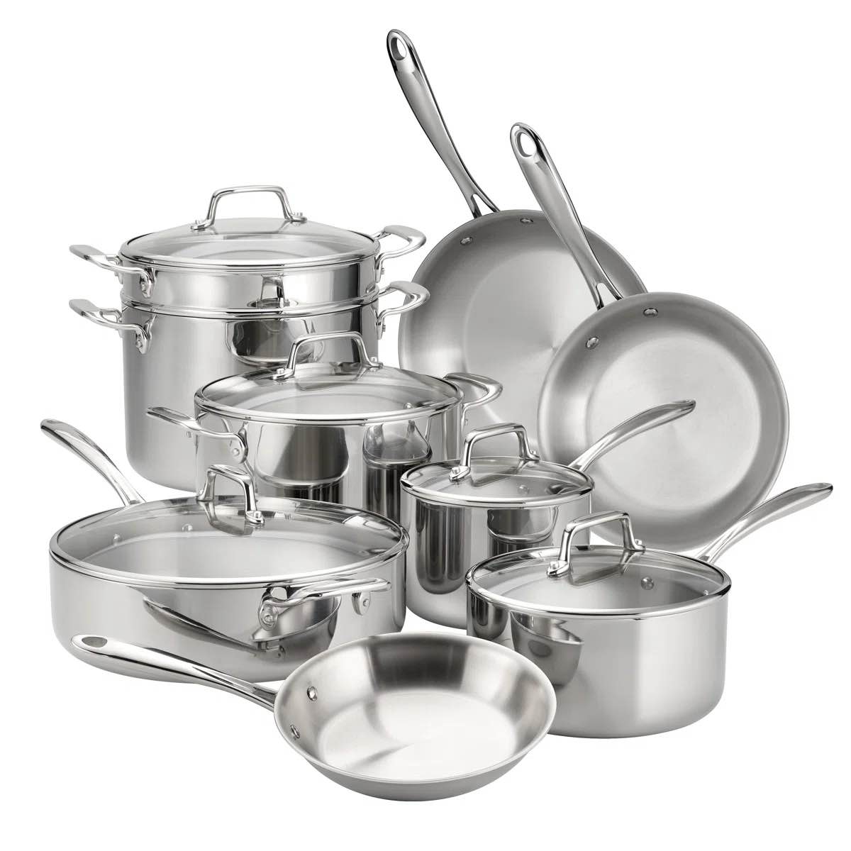 tramontina tri-ply clad 14 pc stainless steel cookware set with glass lids