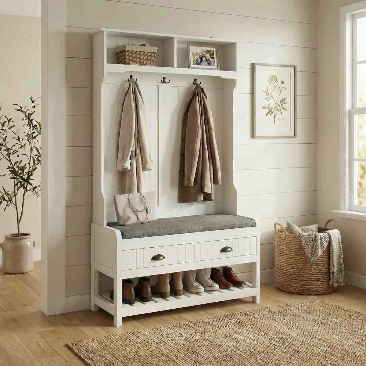 Classic Cosatal Style Hall Tree Entryway Bench With Open Shelves And Shoe Cabinets, WOOD Feet