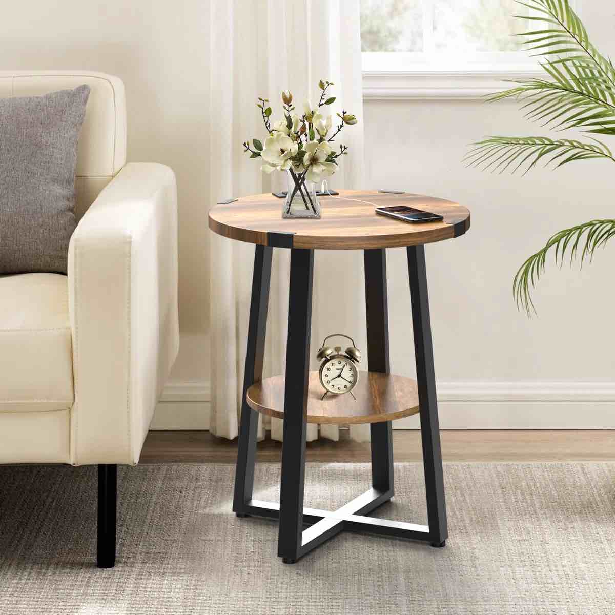 round wood end table with metal legs