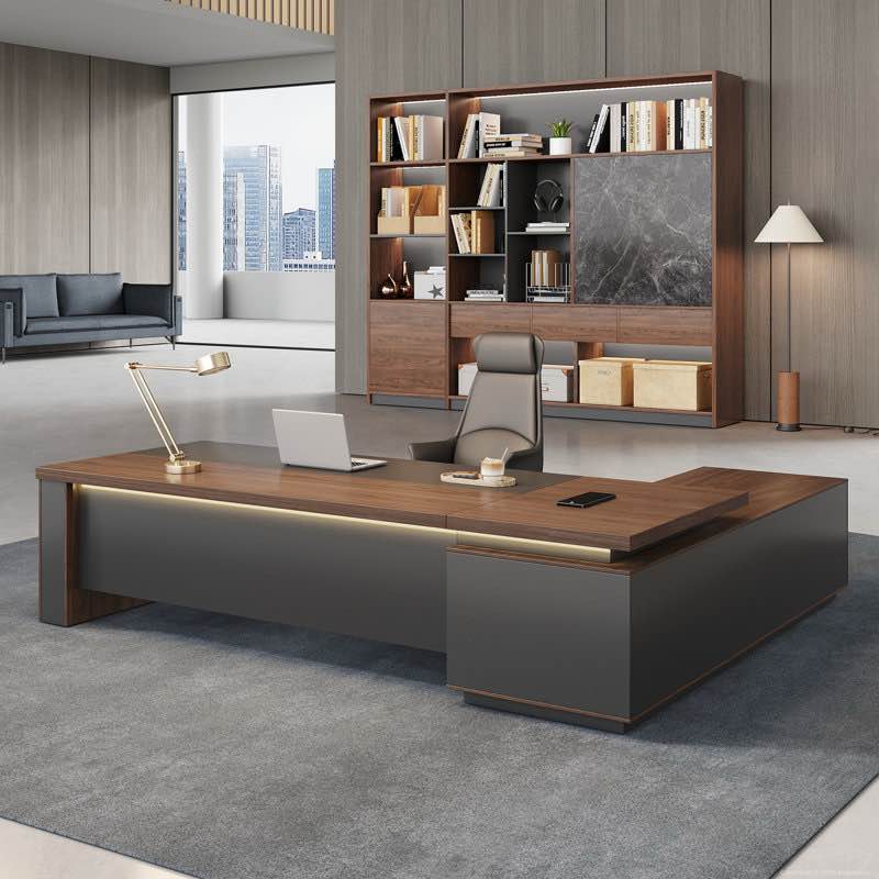 luxury l-shaped ergonomic executive desk with integrated storage and power management