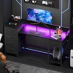 computer desk with monitor stand & charging station, gaming desk with led lights & drawers