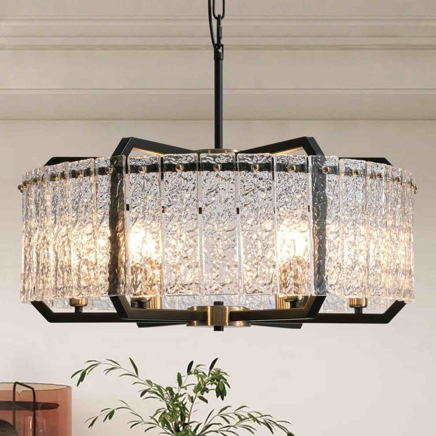 6-light modern water ripple glass black electric luxury round drum crystal chandelier