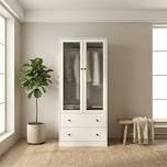 20" d armoire wardrobe closet with fluted glass and drawers, 71" h clothing storage cabinet with hanging rod and soft-close doors