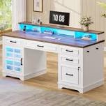 60'' Farmhouse Executive Desk With Drawers, Computer Desk With Power Outlet And Led Light For Office Home, White