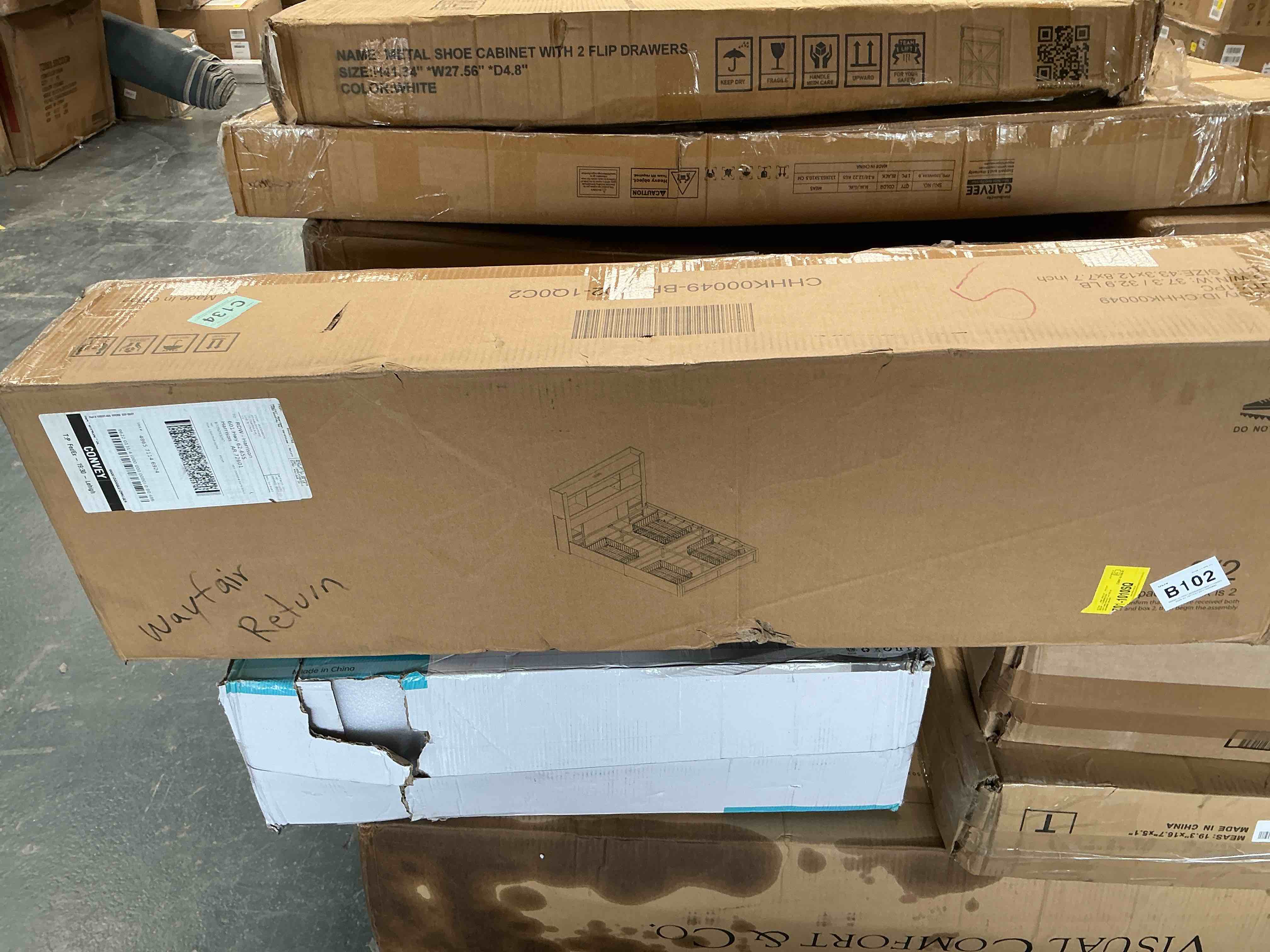 Condition photo showing Good Condition for amerlife queen bed frame with 4 storage drawers, led bed frame with 49“ tall bookcase headboard, wood platform bed with charging station & 2 slide bedside shelf, no box spring needed/rustic brown 2