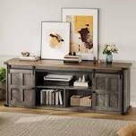 farmhouse tv stand for 75 inch tv, entertainment center with storage cabinets and sliding barn doors