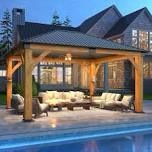 outdoor spruce wood gazebo with galvanized steel hardtop, permanent wooden frame gazebo with durable structure