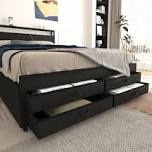 bed frame with 8 storage drawers, led headboard with charging station, metal platform bed frame, no box spring needed, noise-free, stable and solid, black