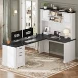 Farmhouse L Shaped Desk With Hutch And 3 Drawers, 68.9" Executive Office Desk With File Drawer And Power Outlet, Corner Computer Desk With Storage Shelves For Home Office,