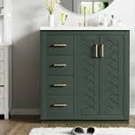 bathroom vanity with soft close doors, bathroom storage with adjustable shelves and three drawers, accent cabinet