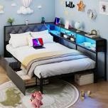 corner bed frame with 2 drawers and storage bookcase, daybed with charging station and led lights