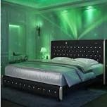 modern wingback upholstered platform bed frame with galaxy projector & usb charging port, led bed frame with adjustable headboard, easy assembly, heavy-duty steel slat support, no box spring needed, keyt