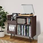 Large Record Player Stand, 350 Vinyl Record Storage Holder with Power Outlet and LED Light