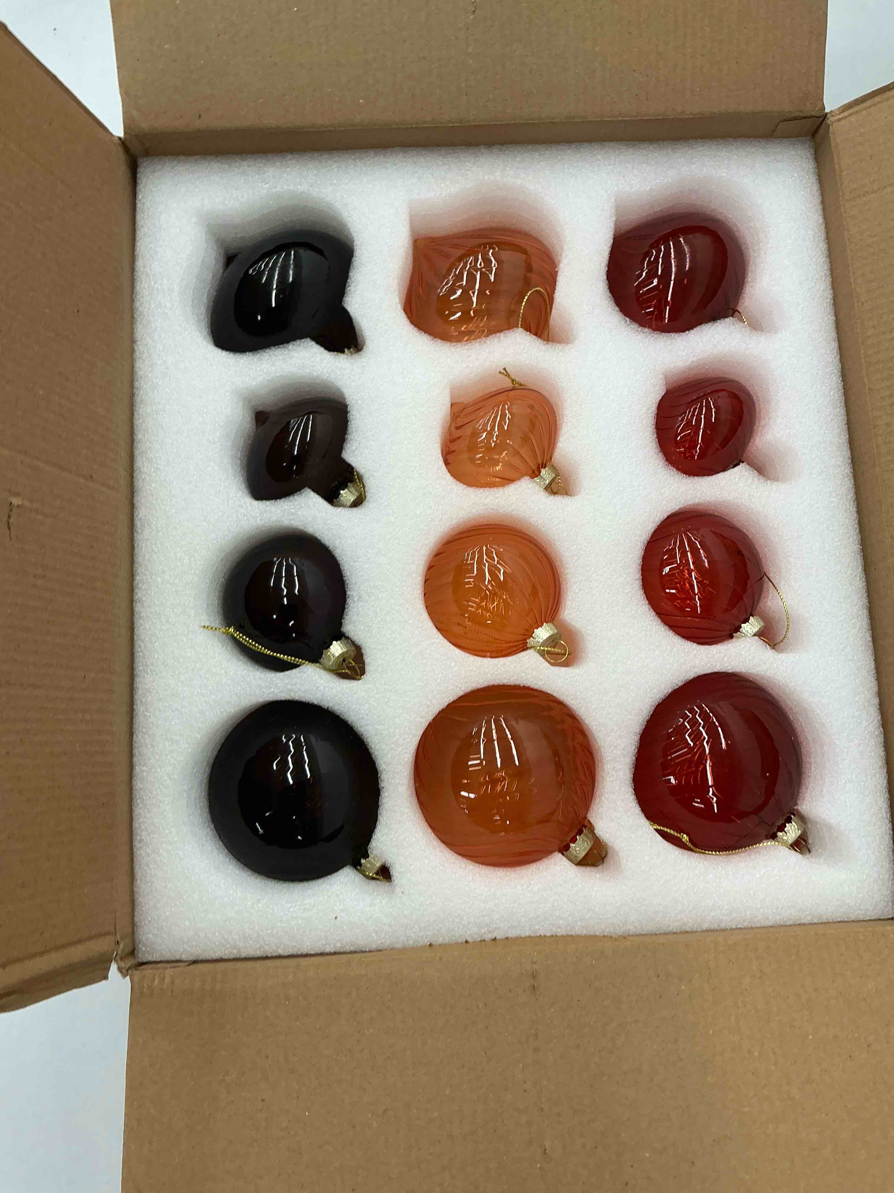 12 Sheer Christmas ornaments, brown orange red 4 each 