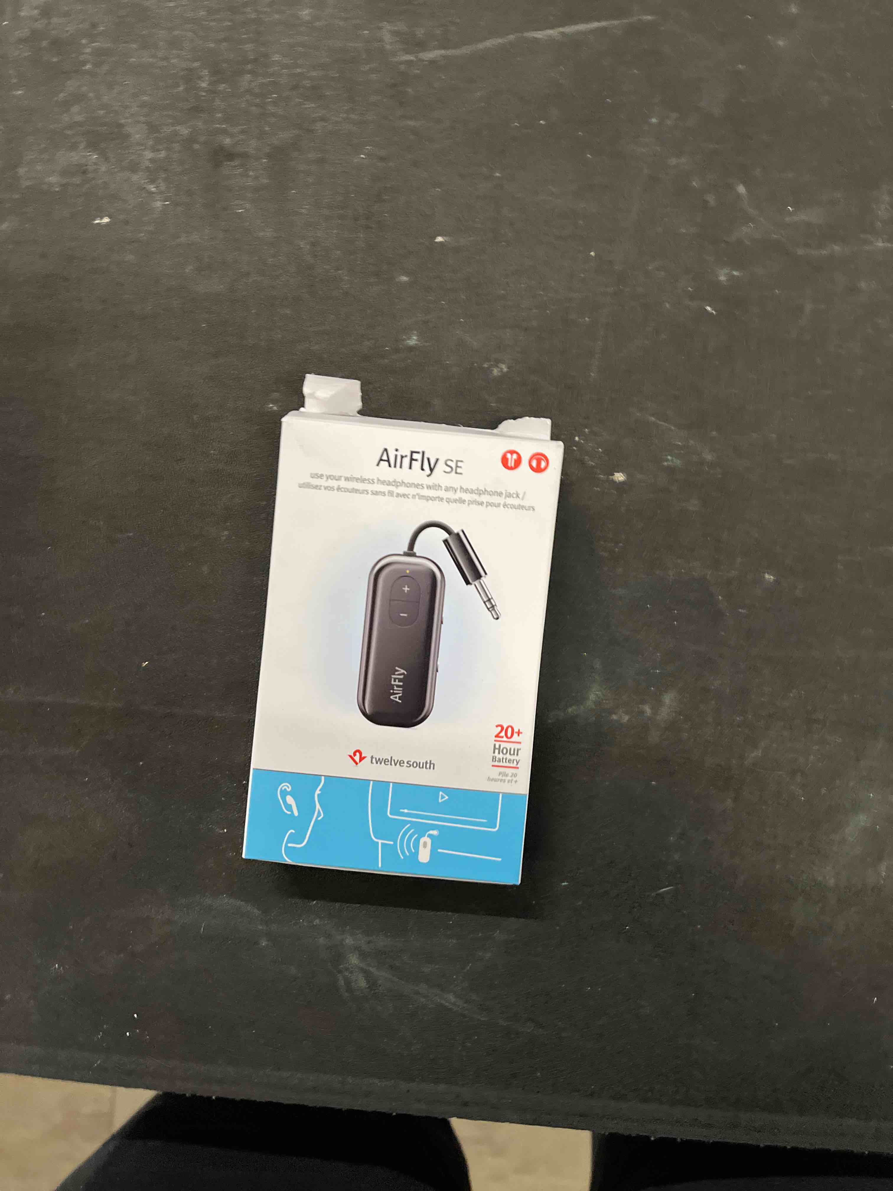 Condition photo showing Good Condition for Twelve South AirFly SE, Bluetooth Wireless Audio Transmitter for AirPods/Wireless or Noise-Cancelling Headphones; Use with Any 3.5 mm Audio Jack on Airplanes, Gym Equipment or iPad/Tablets (Black) AirFly SE Black