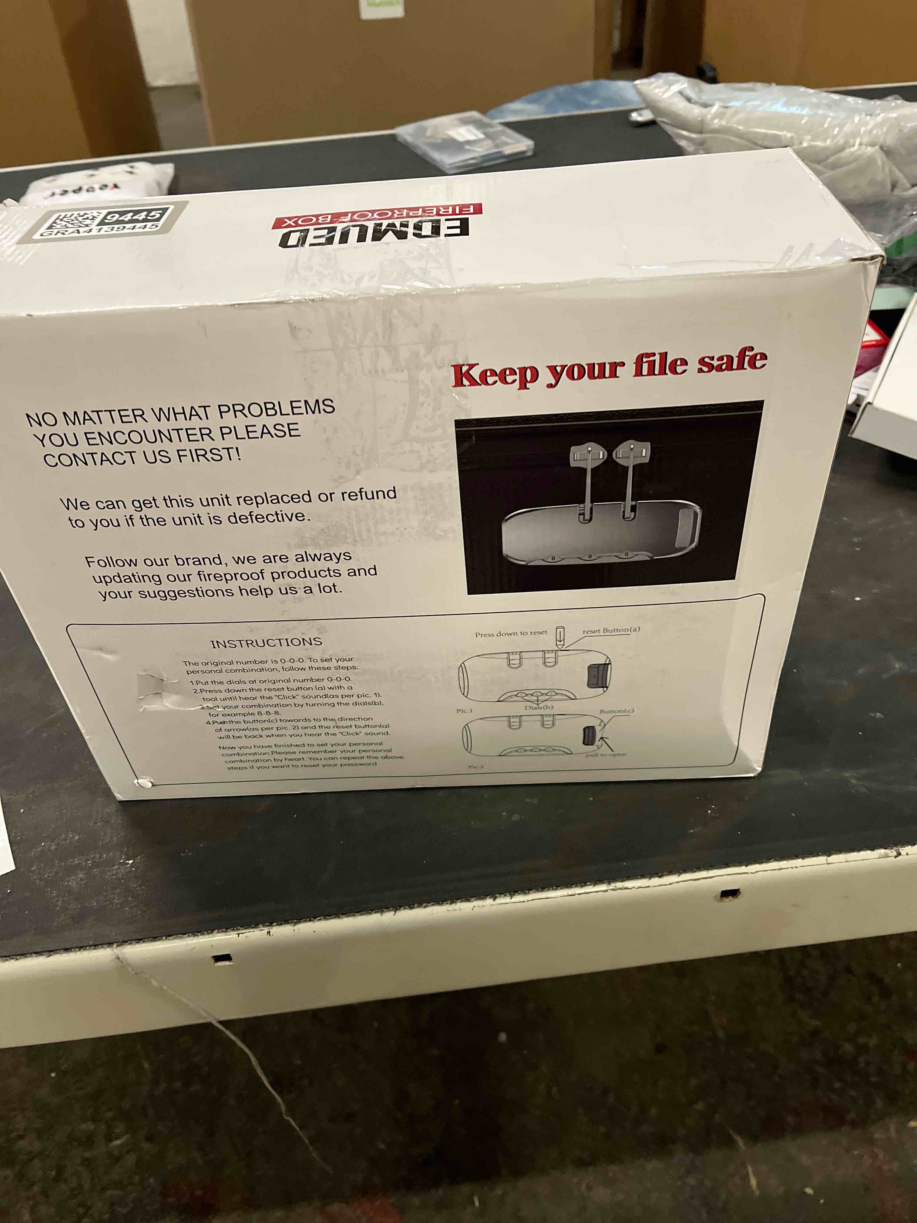 Condition photo showing Good Condition for EDMUED Fireproof Document Box with Combination Lock - Fire & Water Resistant Hard Case Safe Box for Important Documents, Certificates, Laptops, Passports (Black)