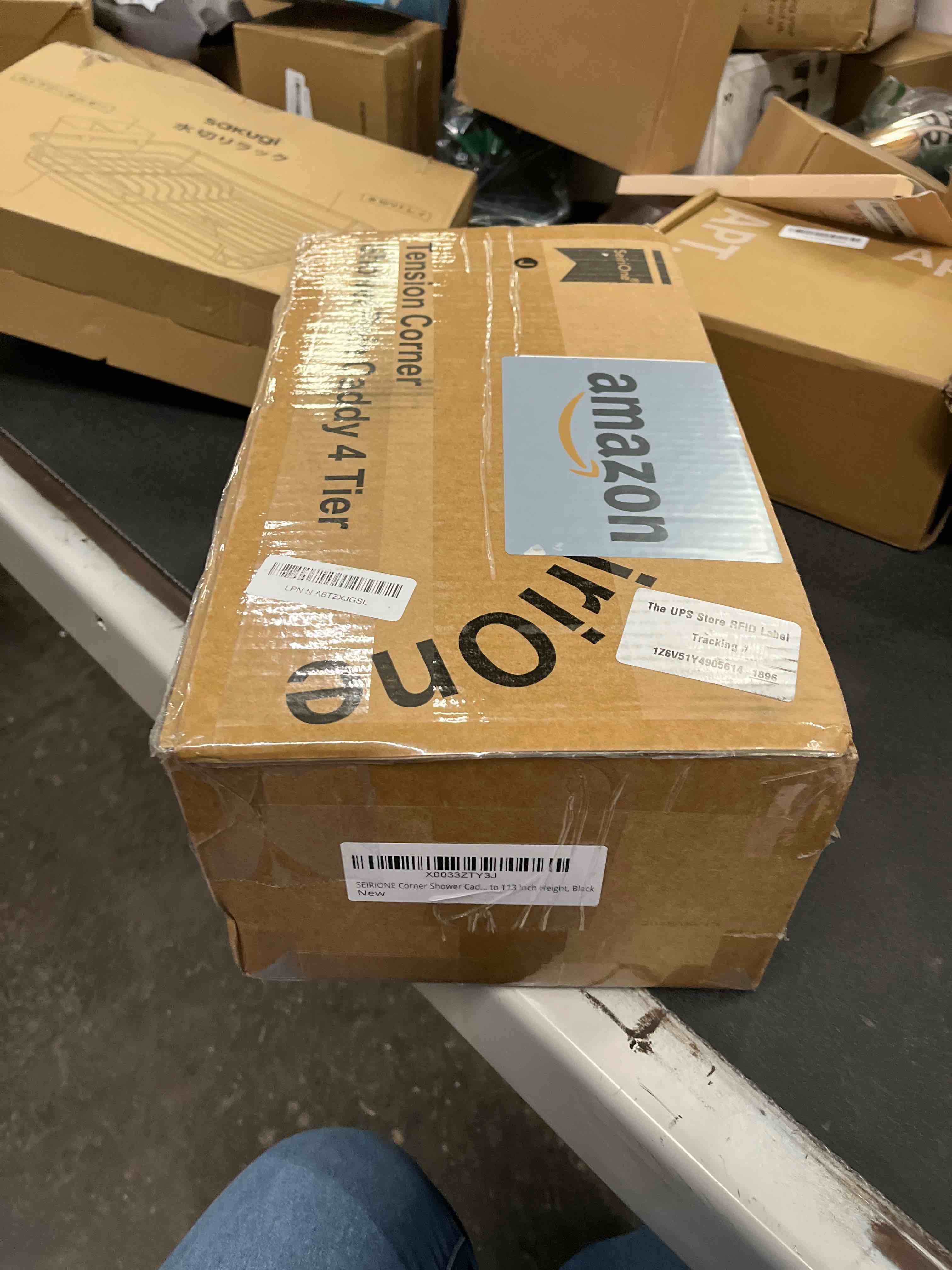 Condition photo showing Good Condition for SEIRIONE Corner Shower Caddy Tension Pole, Quick Setup, Rust-Free Bathroom Shower Organizer Corner for Bathtub Shampoo Storage, 4-Tier Adjustable Shelf, Drill Free, Fits 34 to 116 Inch Height, Black