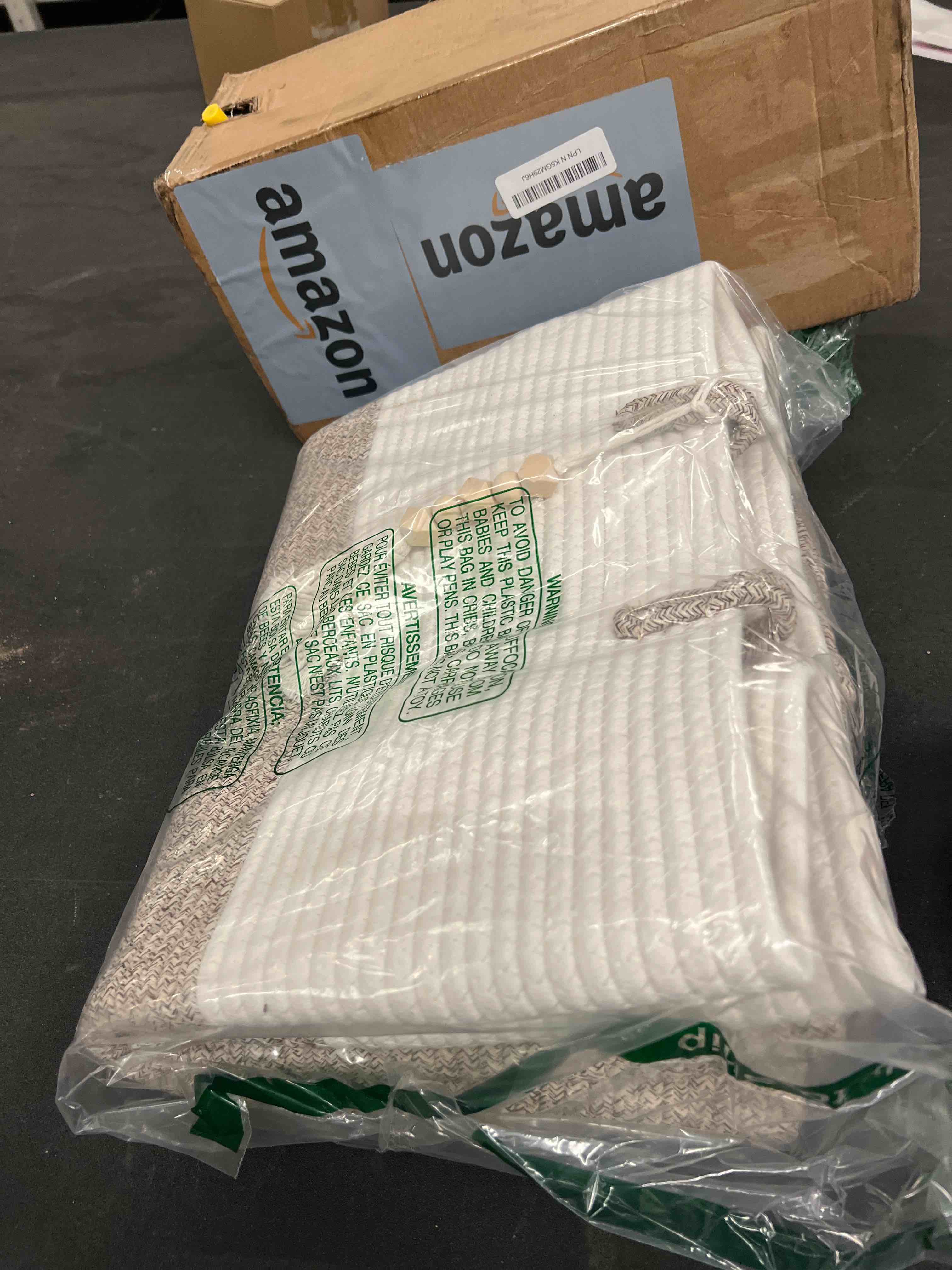 Condition photo showing As Is for 65L Woven Laundry Basket for Clothes, Large Rectangle Laundry Hampers with Beads Tassel, Nursery Storage Basket for Toys, Tall Dirty Clothes Hamper for Bedroom Aesthetic, Laundry Room Organization Brown 65L