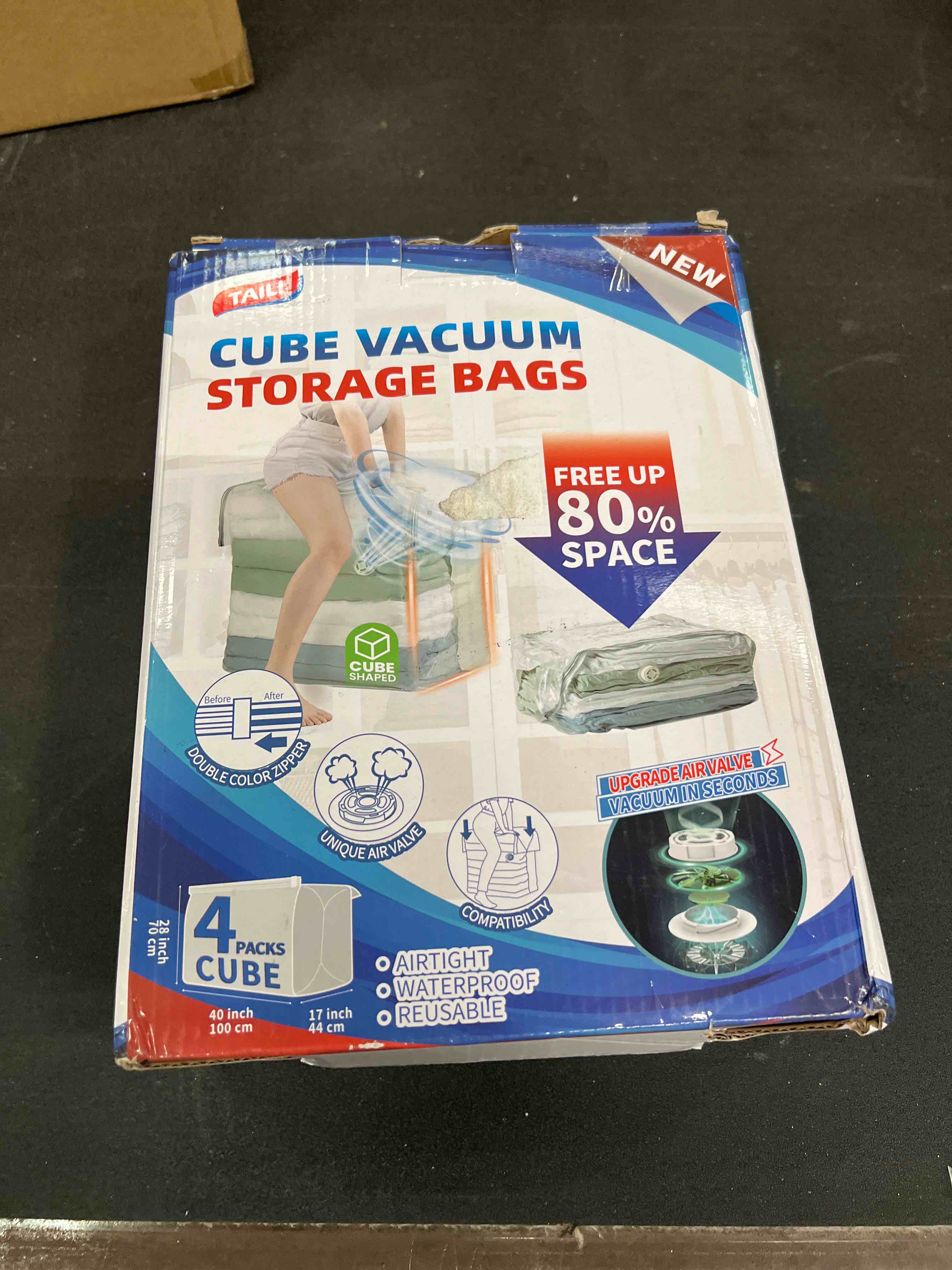 Condition photo showing As Is for TAILI Vacuum Storage Bags 4 Pack, Extra Large Cube (40x28x18x18 Inch), Supe Jumbo Vacuum Seal Bags for Bedding Comforter, Blanket, Closet Space Saving, Cream 4 Extra Large Cream