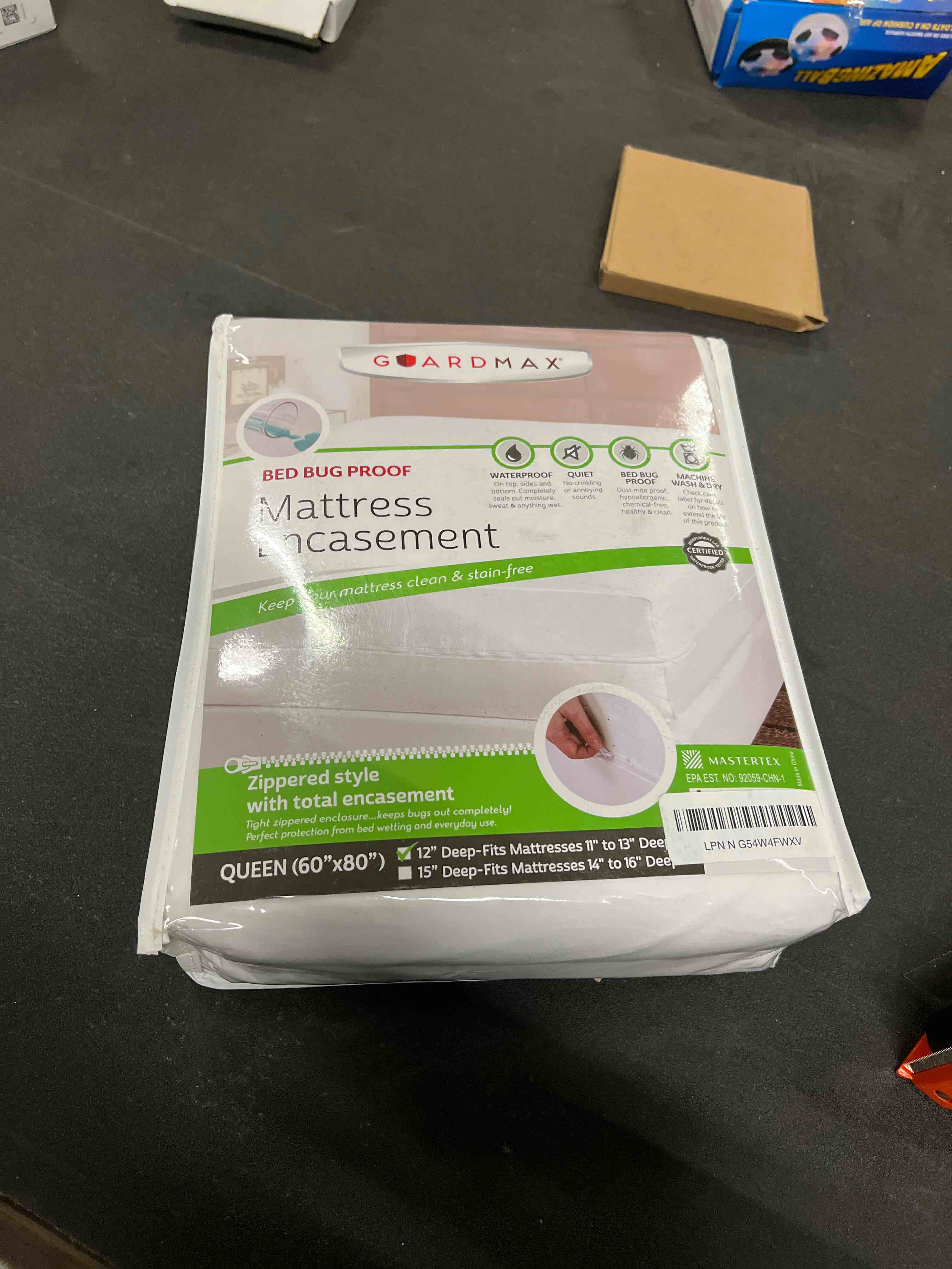 Condition photo showing As Is for Guardmax Jersey Knitted Queen Zippered Mattress Encasement - Waterproof & Bed Bug Proof Mattress Protector - Comfortable, Soft, and Noiseless Zippered Bedding - Dust Mite Proof (60 x 80 x 12) Queen White