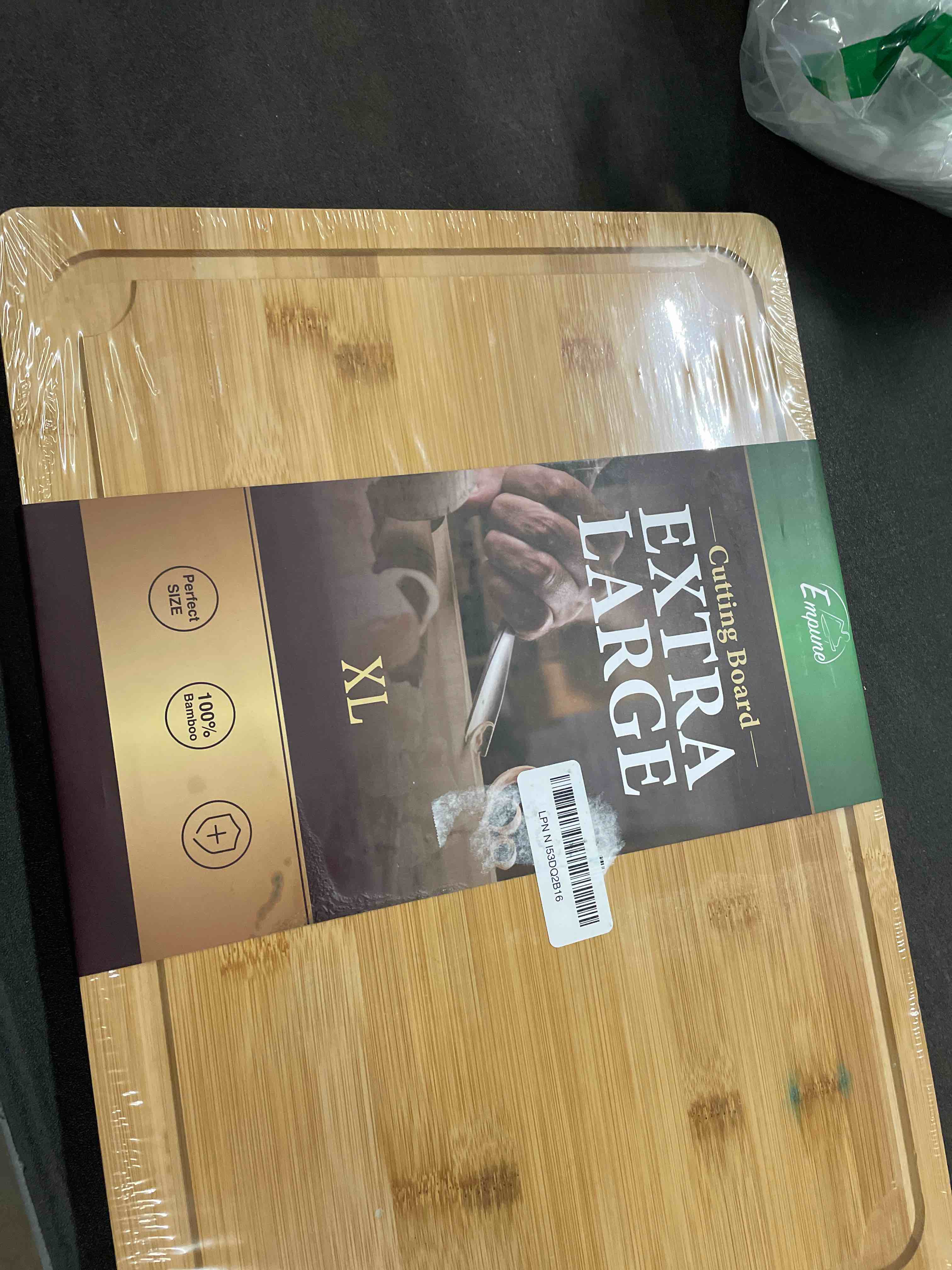 Condition photo showing Good Condition for Extra Large Cutting Board, 17.6" Bamboo Cutting Boards for Kitchen with Juice Groove and Handles Kitchen Chopping Board for Meat Cheese board Heavy Duty Serving Tray, XL, Empune 17.6"L x 12"W
