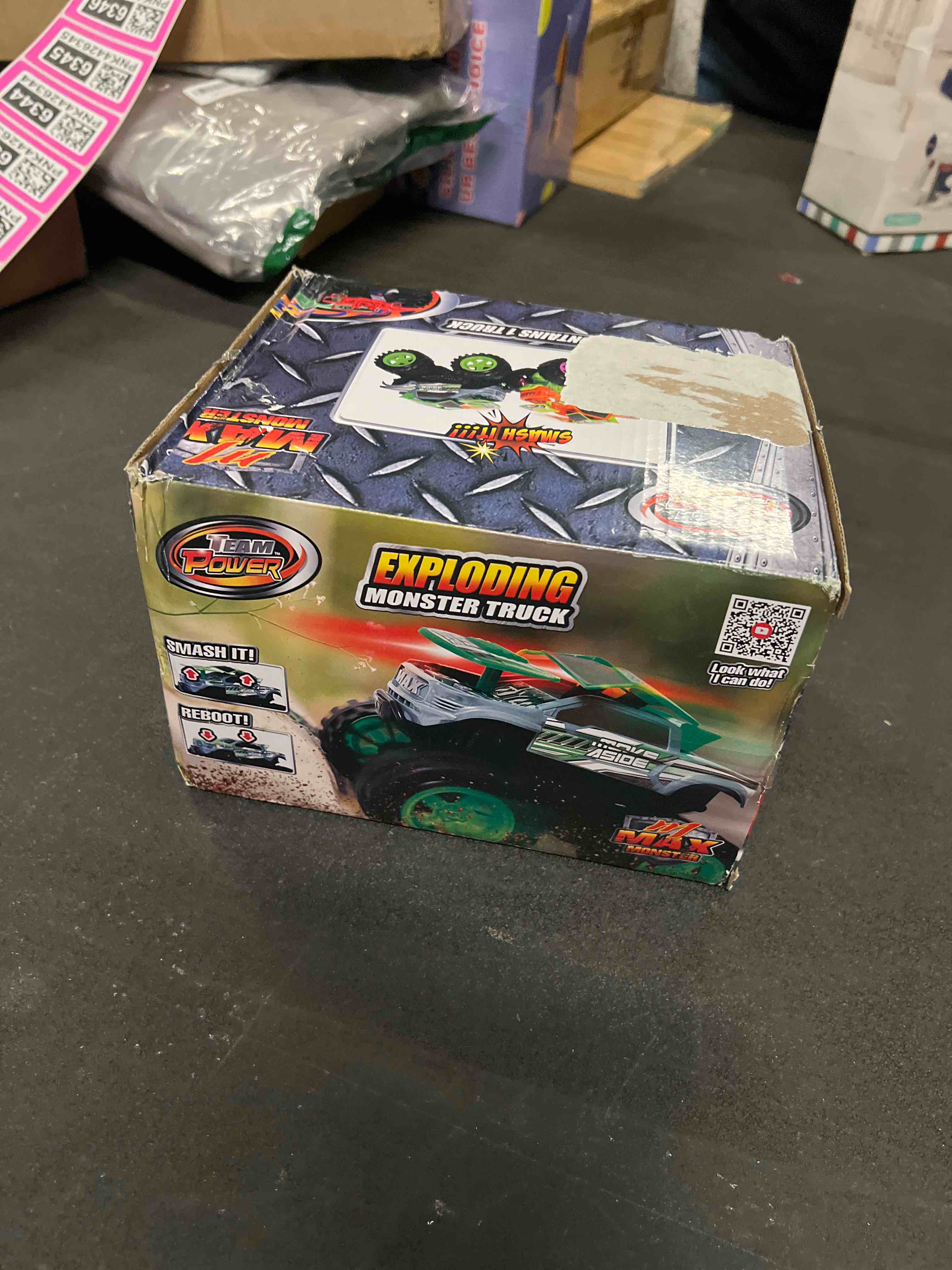 Condition photo showing As Is for Exploding Monster Truck Toy with Explosive Crash Sounds and Lights, Smash It Up Again and Again, 8.7” Monster Truck Toys for Boys Kids Ages 3, 4-7 & Above | Toddler Toys for 3 Year Old Boys Gift Grey