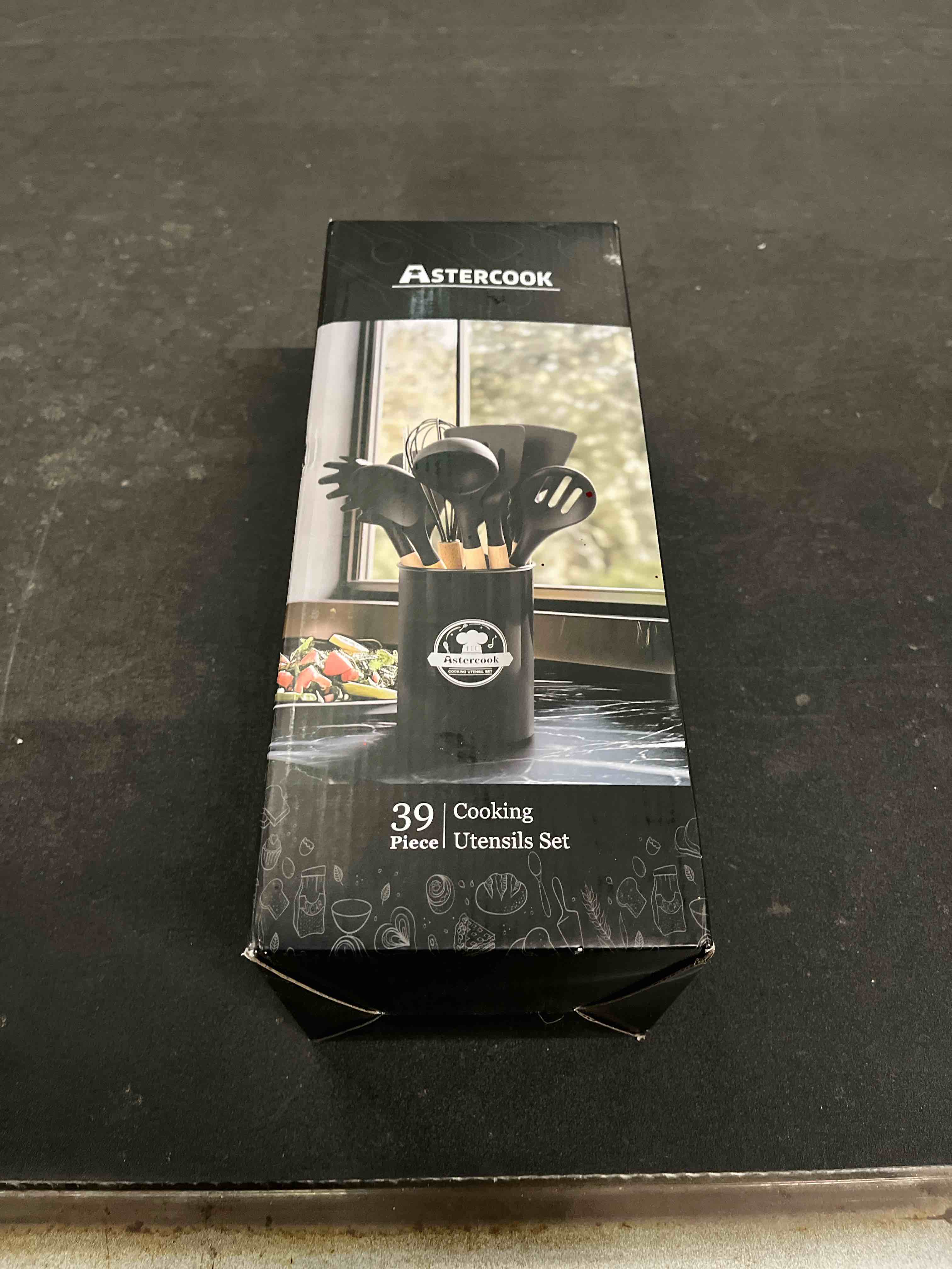 Condition photo showing Good Condition for Astercook Kitchen Utensils Set, 39 PCS Silicone Cooking Utensils Set with Wooden Handle, 446°F Heat Resistant Food Grade Utensil Sets, BPA Free Kitchen Gadgets Tools Set for Nonstick Cookware (Black)