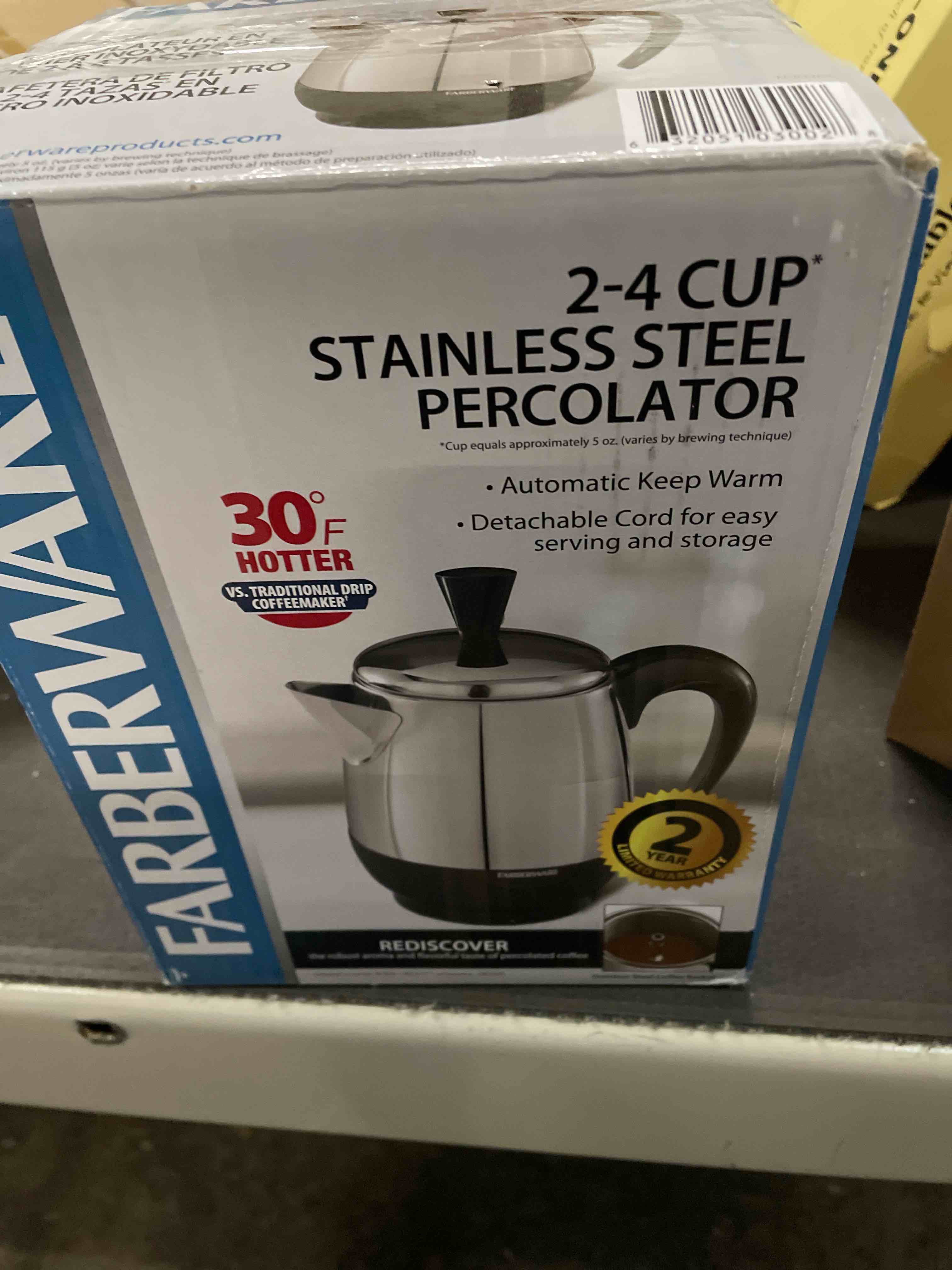 Condition photo showing Good Condition for Farberware Electric Coffee Percolator, FCP240, Stainless Steel Basket, Automatic Keep Warm, No-Drip Spout, 4 Cup 4-Cup