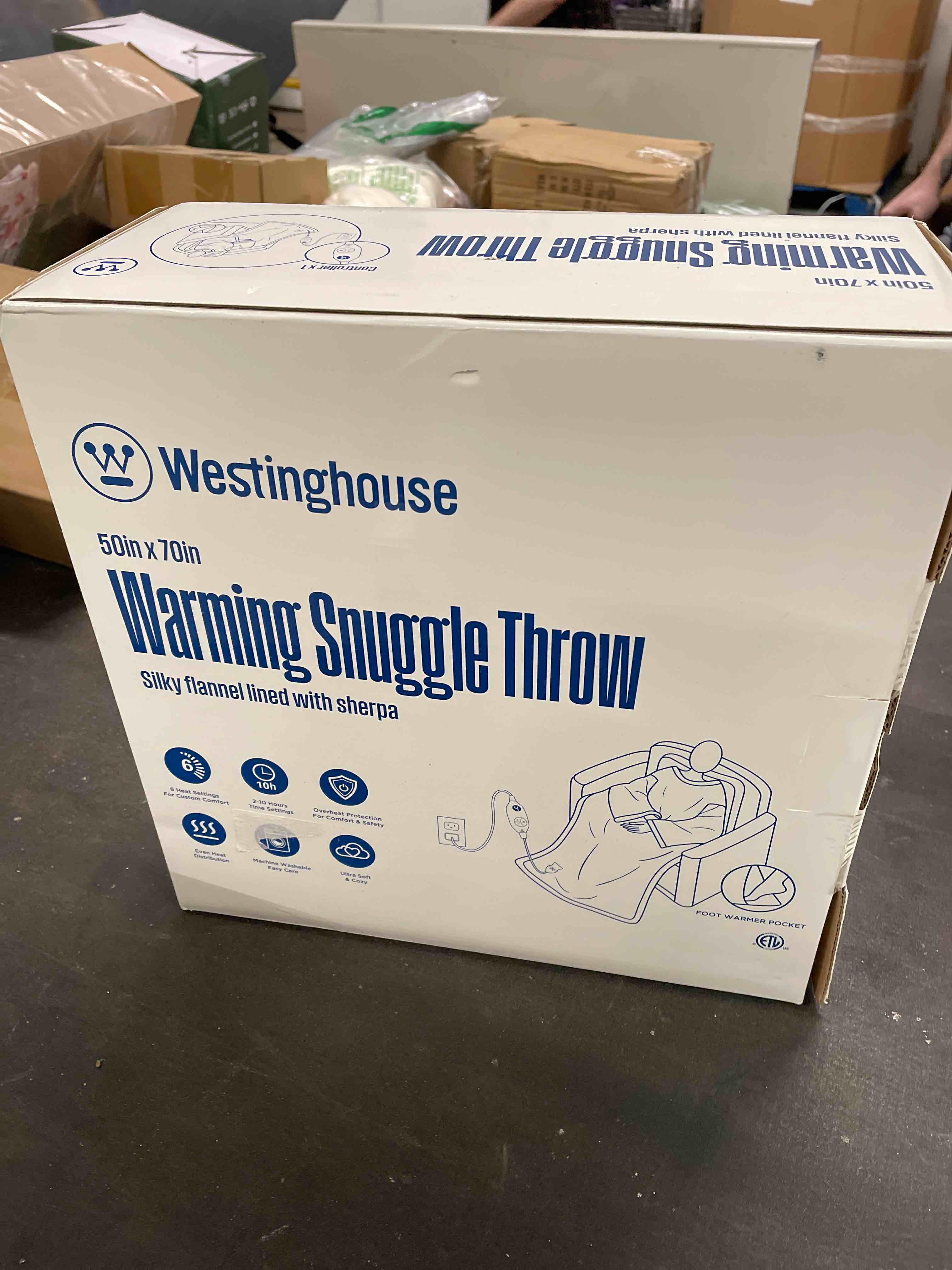 Condition photo showing Good Condition for Westinghouse Electric Snuggle Throw Blankets with Foot Pocket, Wearable Heated Throw with Sleeves, 6 Heating Levels & 2 to 10 Hours Heating Time Settings, 50 * 70"+18", Beige 70*50" Heated Snuggle Blanket Beige&ivory