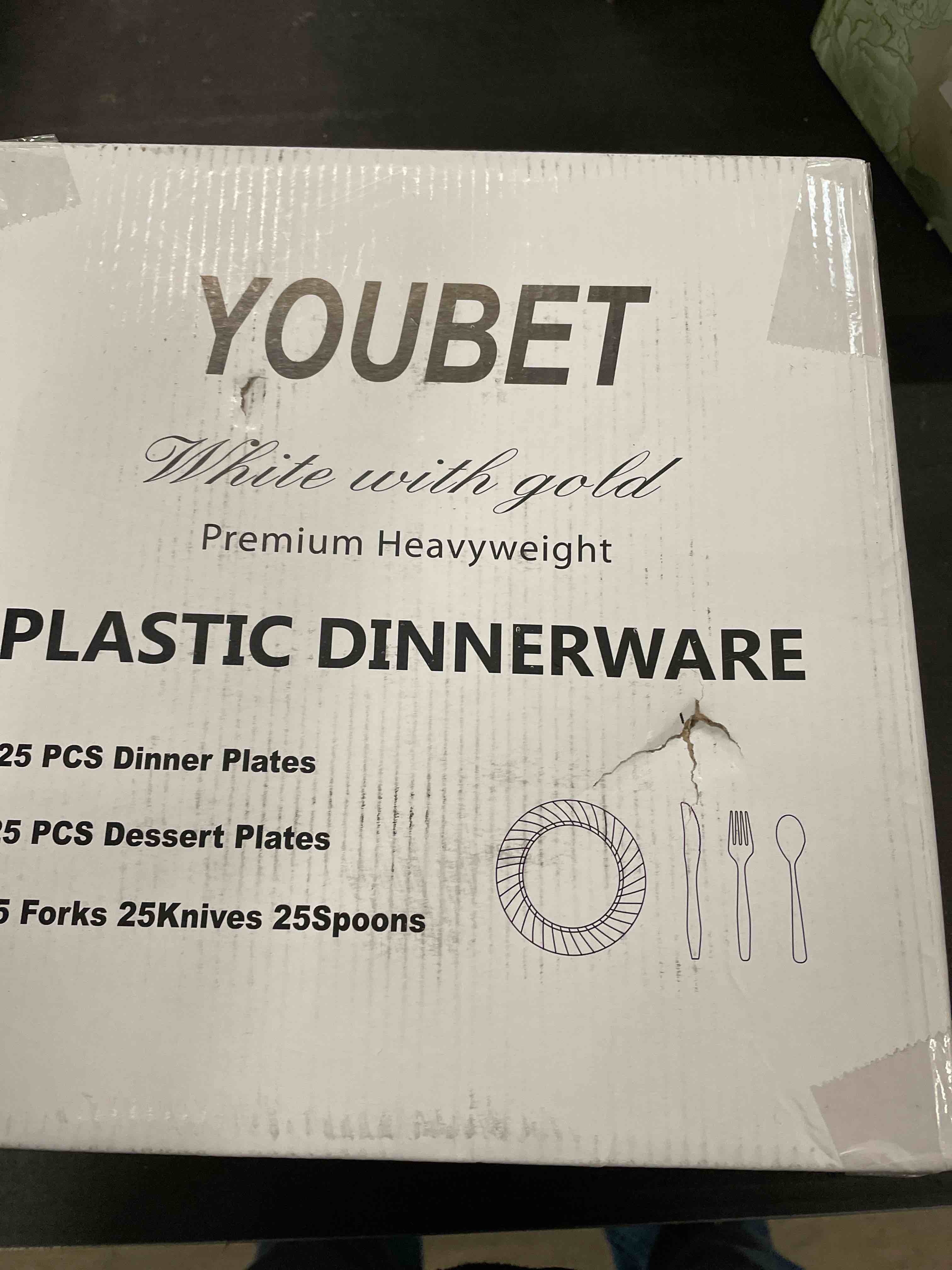 Condition photo showing Good Condition for YOUBET 125PCS Thanksgiving Plastic Plates - Clear Gold Disposable Plates - 25 Guests Baroque Plastic Dinnerware Includes 25Dinner Plates, 25Dessert Plate, 75Silverware for Party & Wedding