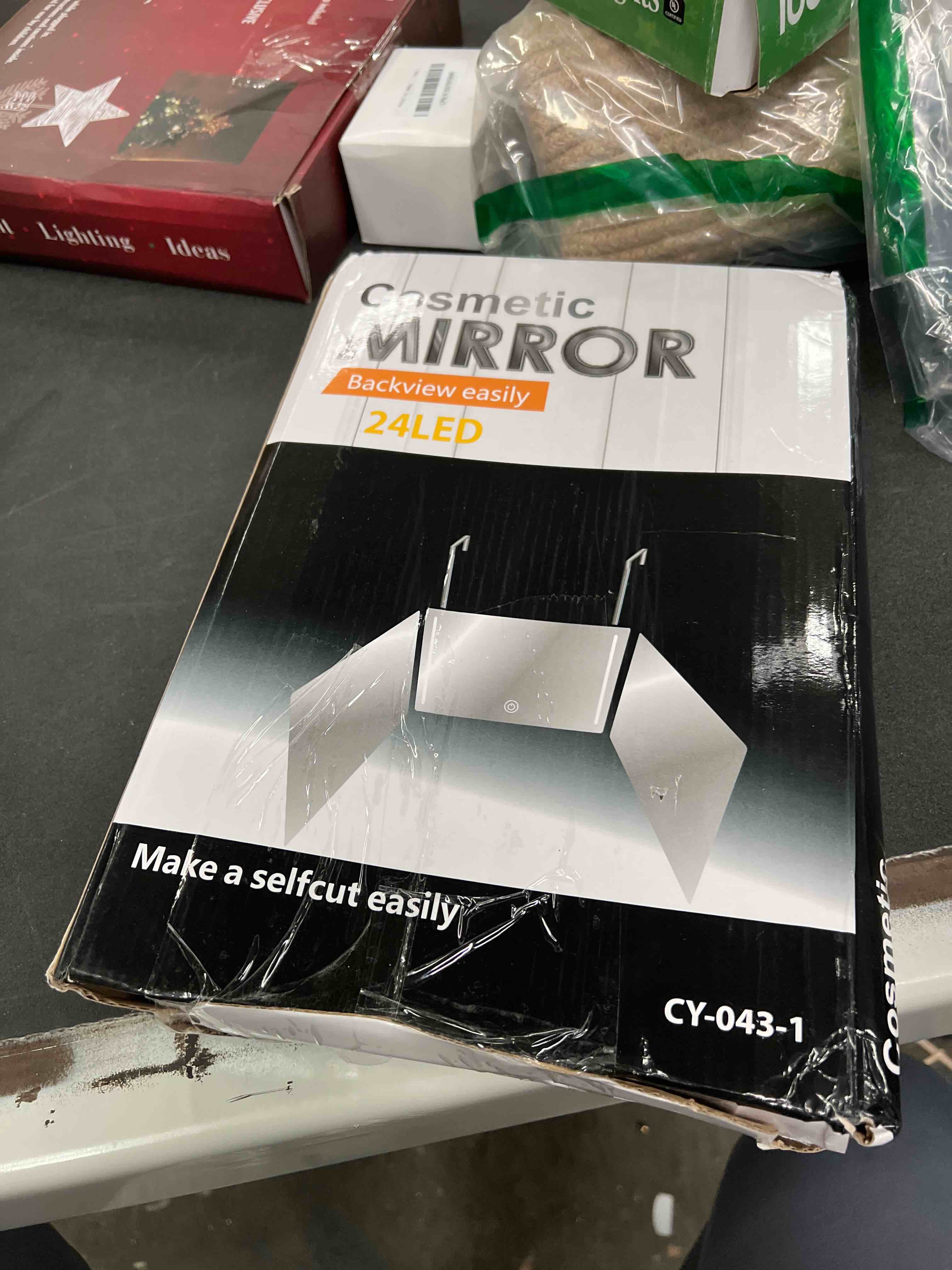 Condition photo showing As Is for HIEEY 3 Way Mirror for Hair Cutting with LED,360 Trifold with Height Adjustable Telescoping Hooks,and 5X Magnification,for Makeup and Styling (Black) Black (with LED)
