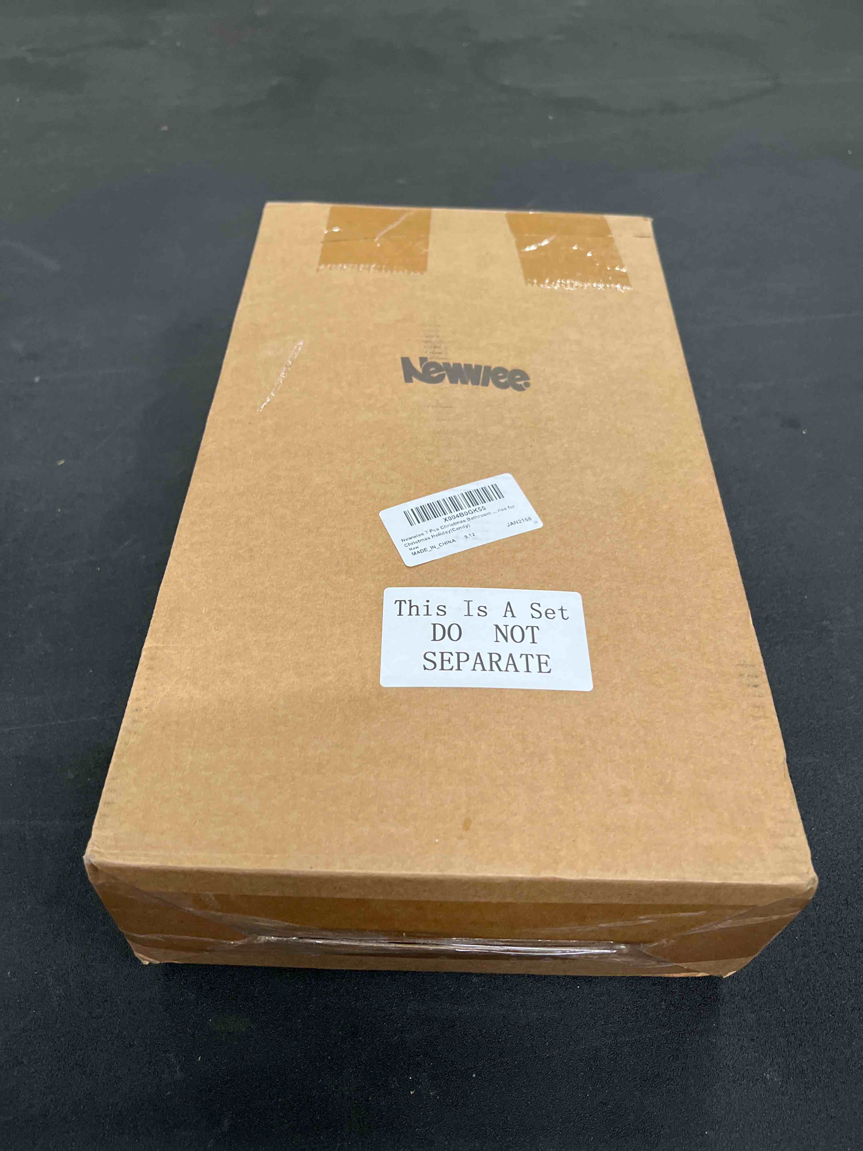 Condition photo showing As Is for Newwiee 7 Pcs Christmas Bathroom Set Xmas Shower Curtain Decor Shower Curtain Non Slip Rugs and Kitchen Towels 3 Bathroom Decor Accessories for Christmas Holiday(Candy)