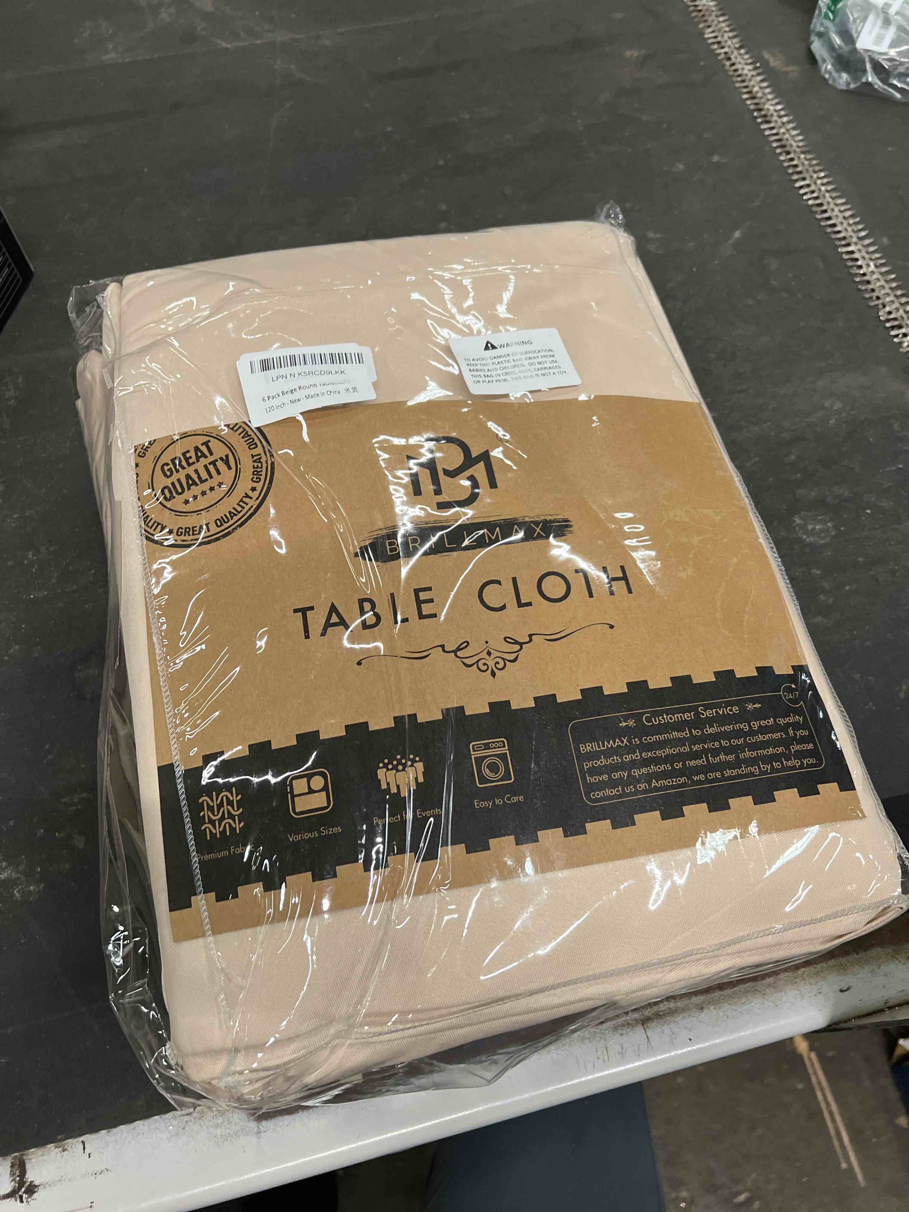 Condition photo showing As Is for BRILLMAX 6 Pack Beige Round Tablecloths 120 Inch - Circle Bulk Linen Polyester Fabric Washable Table Cloth Cover for Wedding Reception Banquet Birthday Party Buffet Restaurant Beige 120 In, 6 Pack