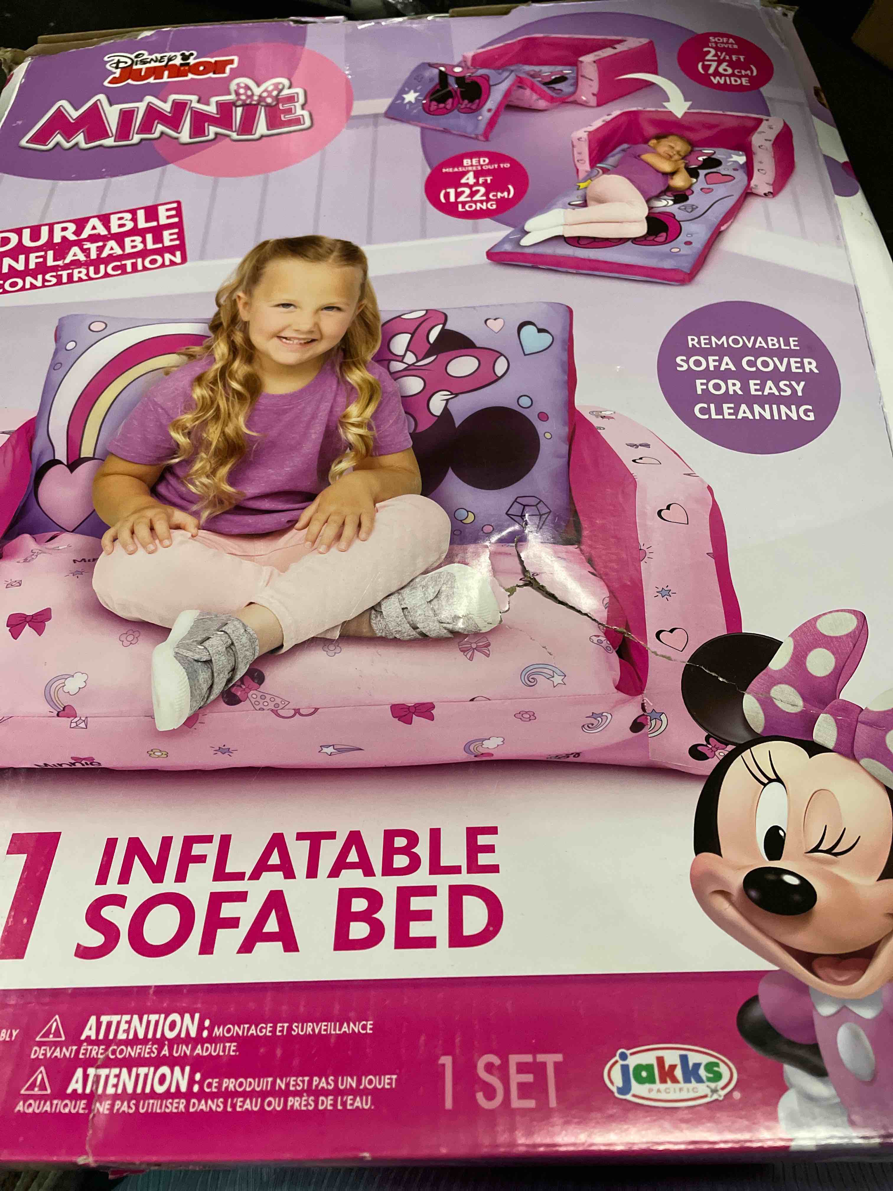 Condition photo showing Good Condition for Minnie Mouse Inflatable Sofa Bed for Kids – 2-in-1 Flip Open Couch to Lounger & Nap Mat, Over 4ft Long, Removable Cover, Indoor/Outdoor Use, Ages 2–5