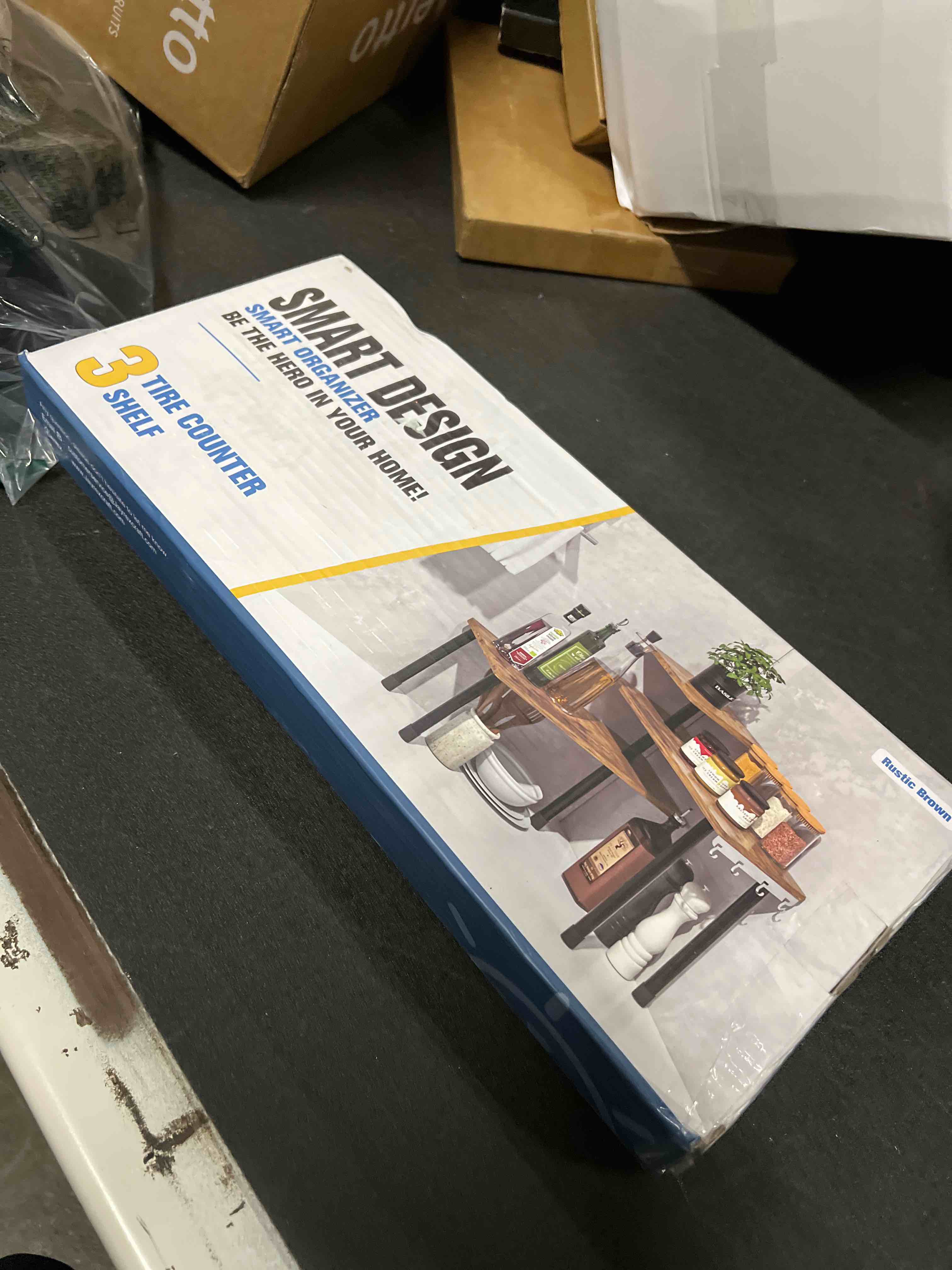 Condition photo showing Good Condition for JayRex Countertop Organizer Organization, 3 Tier Moveable Corner Shelf Organizer for Kitchen, Bathroom, Spice Rack, Coffee Area, Over Sink, Dresser Table (Rustic Brown)