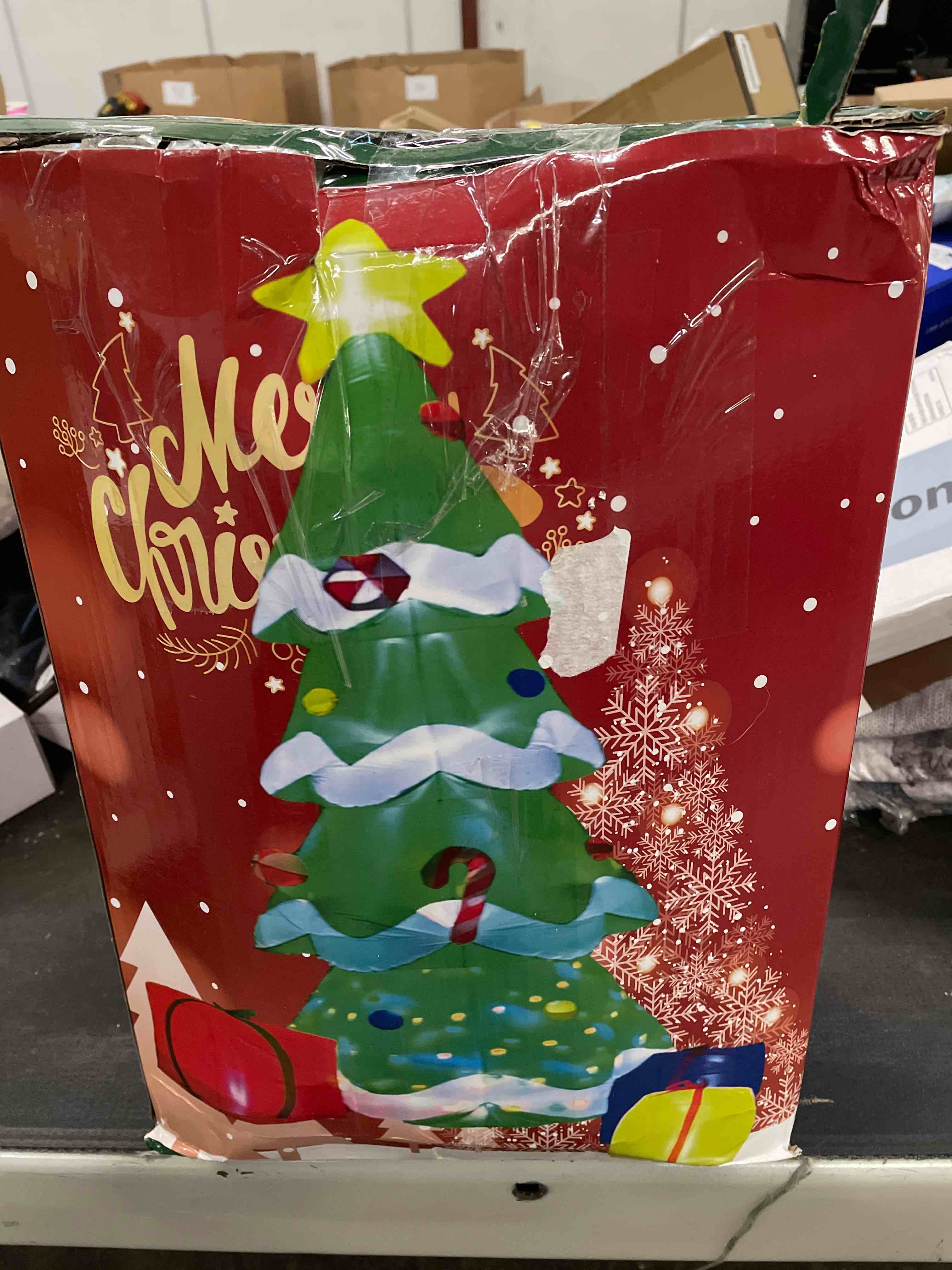 Condition photo showing Good Condition for Christmas Inflatable Outdoor Decoration, 7FT Blow Up Mushroom House with Santa, Polar Bear & Penguin, Built-in Colorful Light Inflatable Christmas Tree & Gift Boxes for Xmas Party Yard Lawn Patio 7ft Santa‘s Mushroom