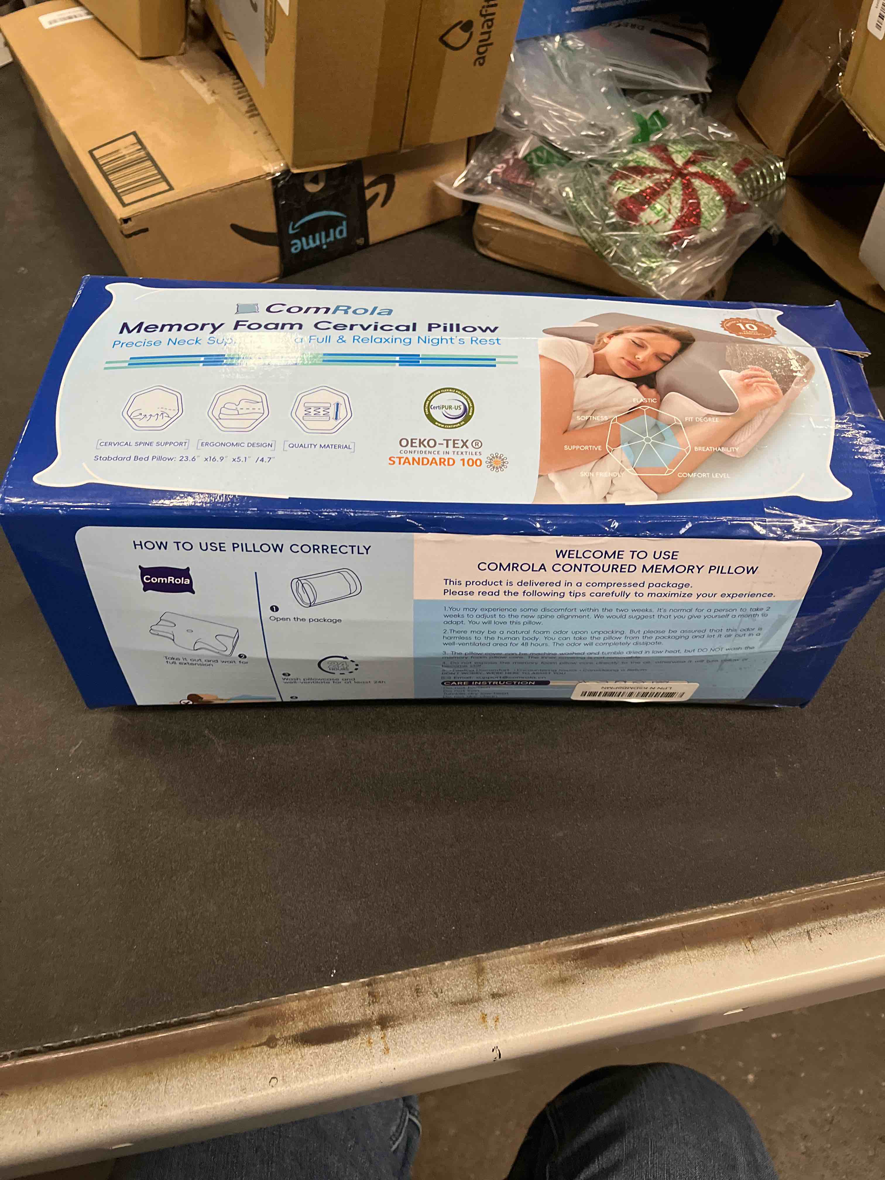 Condition photo showing Good Condition for Effective Pain Relief Cervical Neck Pillow for Sleeping, Memory Foam Pillows for Neck Support, Odorless Contour Side Pillow, Ergonomic Bed Pillow for Back Stomach Sleeper (Grey and White)