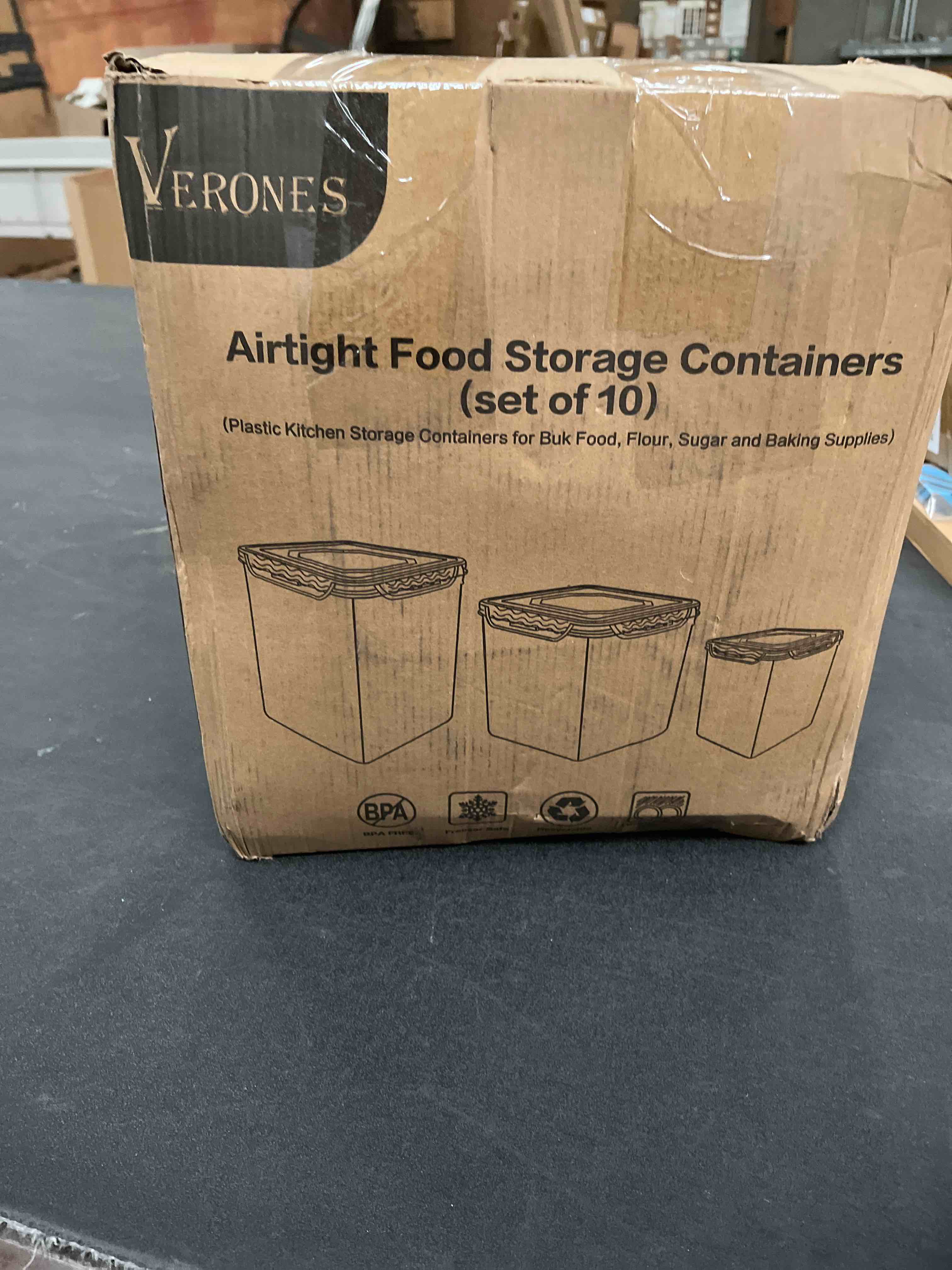 Condition photo showing Good Condition for VERONES Large Tall Airtight Food Storage Containers, 10 PACK Plastic Airtight Kitchen & Pantry Organization, Ideal for Flour & Sugar Plastic Canisters with Labels Blue
