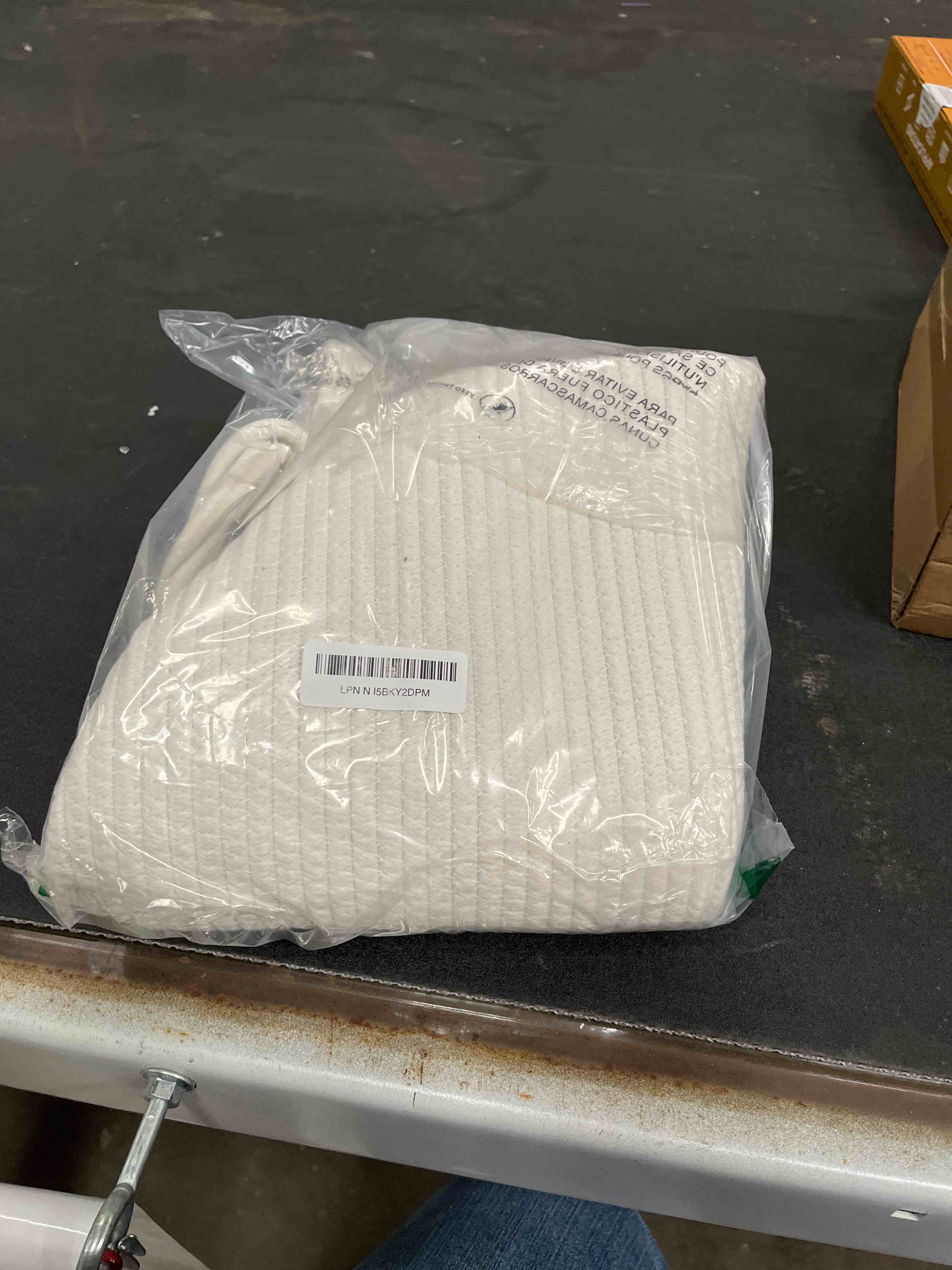 Condition photo showing Good Condition for Large White Laundry Basket, 15"x18" Tall Blanket Storage Living Room, XL Cotton Rope Toy Bin for Organizing, Wicker Woven Baby Nursery Laundry Hamper with Handle, White Room Decor Aesthetic