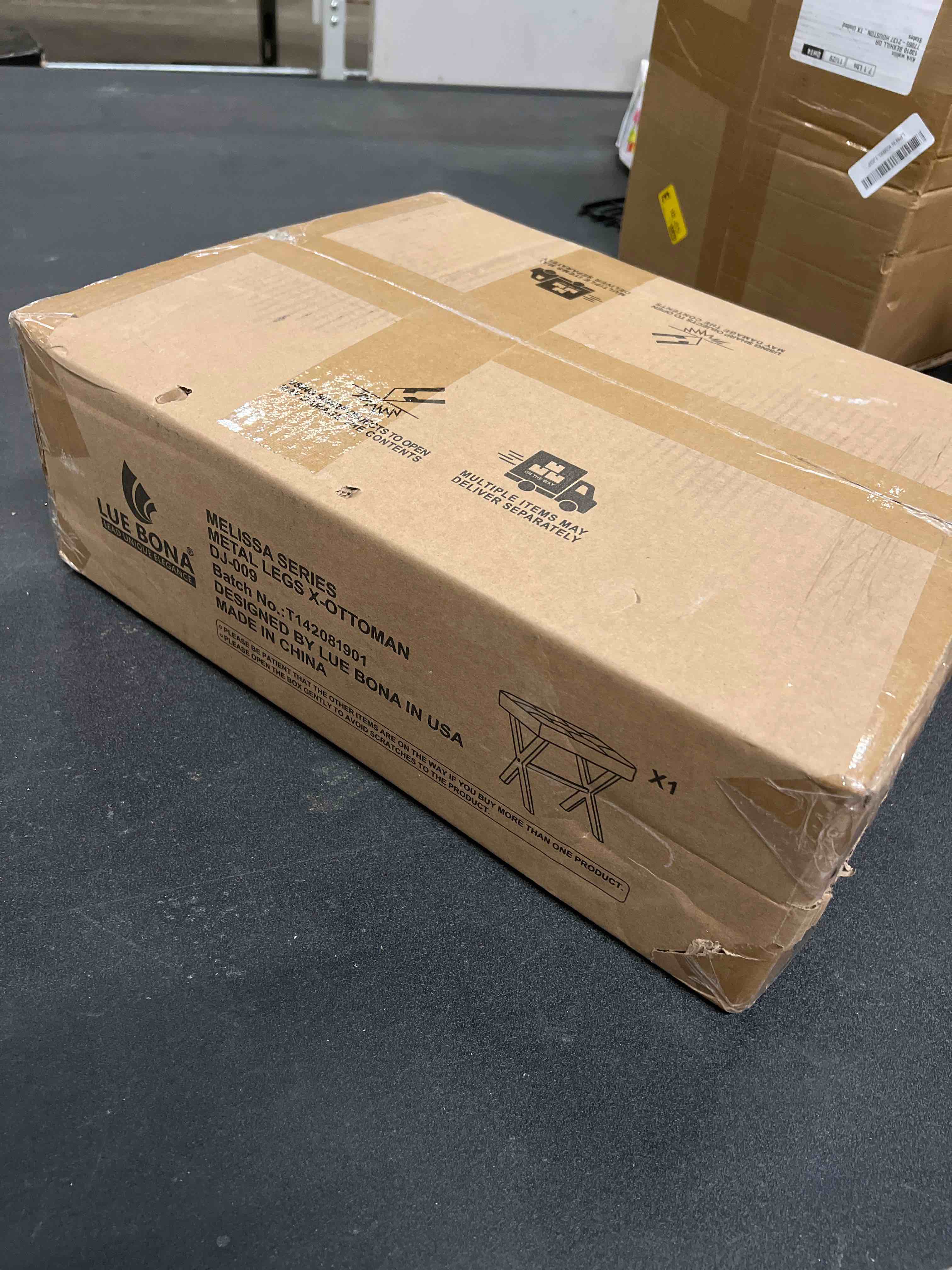 Condition photo showing Good Condition for LUE BONA Vanity Stool, Square Faux Leather Makeup Stool with Metal X Legs, Small Ottoman Stool Chair for Vanity, Modern Padded Vanity Seat Foot Rest Stool for Makeup Room, Living Room, Reddish Brown Reddish Brown Faux Leather