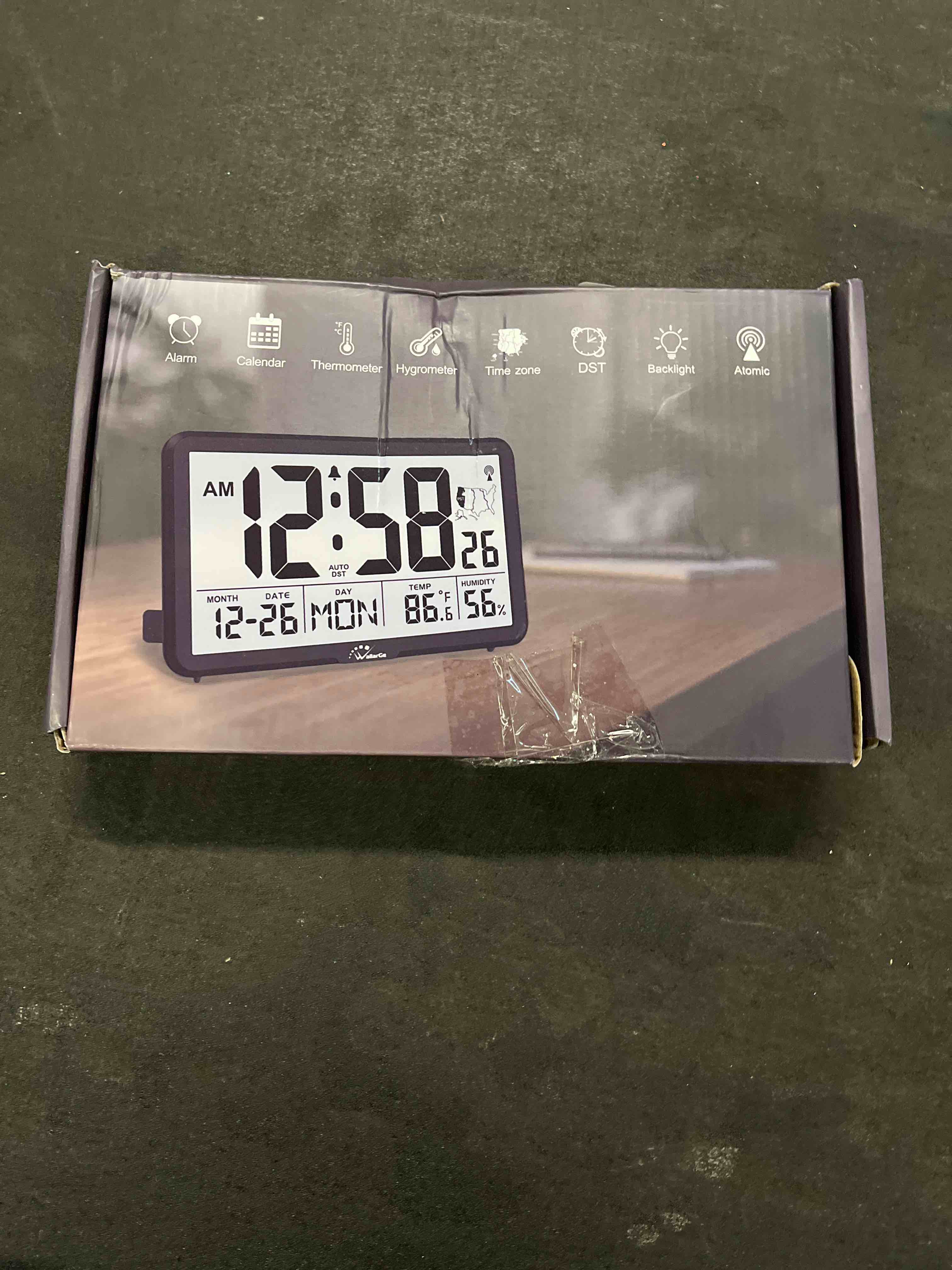 Condition photo showing Good Condition for WallarGe Atomic Wall Clock with Backlight, Digital Wall Clock Battery Operated for Classroom, Bedroom, Office, Large Display with Indoor Temperature, Humidity, Date, AUTO DST, 6 Time Zones