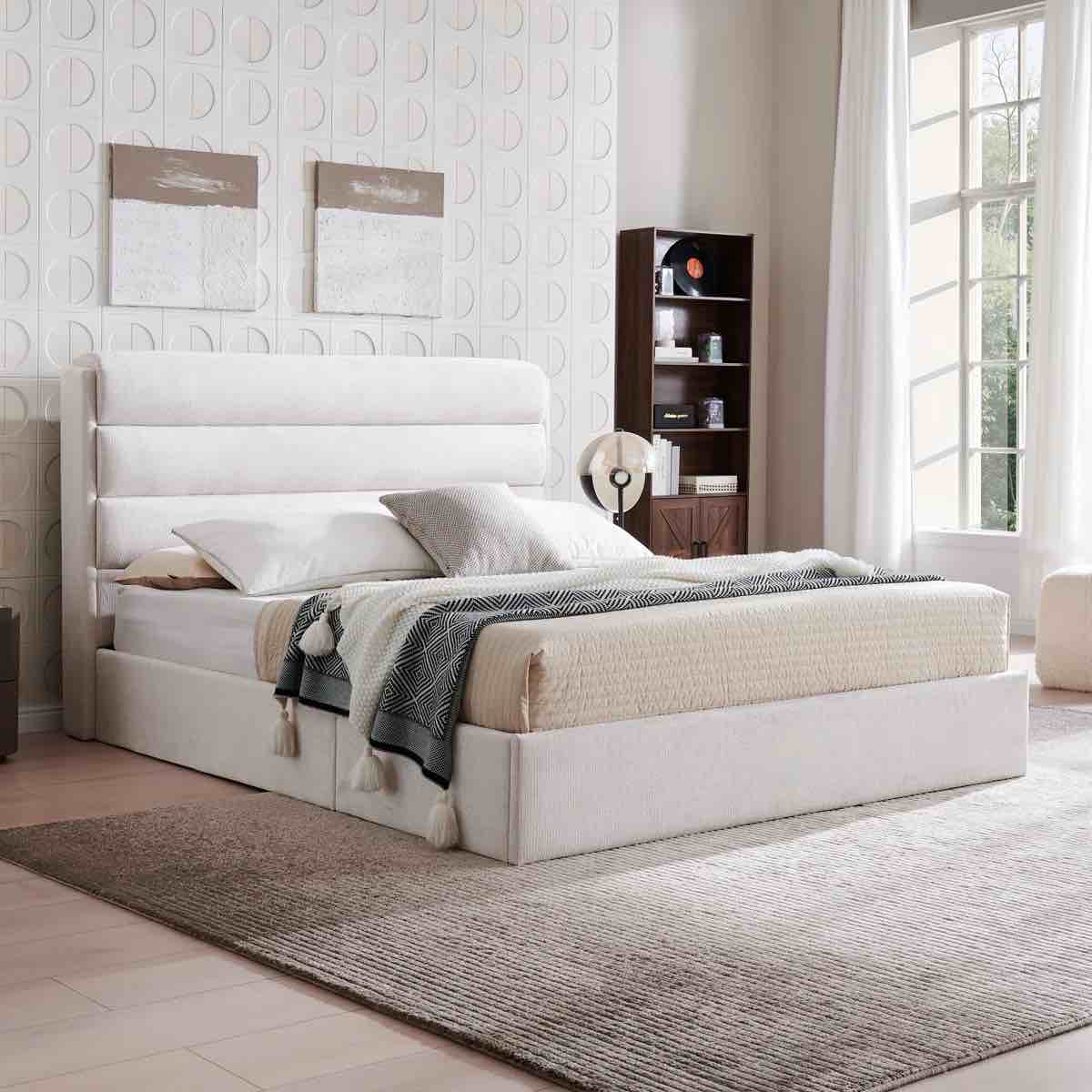 lift up storage bed, upholstered platform bed with hydraulic system \u0026 wood slats support, bed frame with 3-panel headboard, no box spring needed, easy assembly