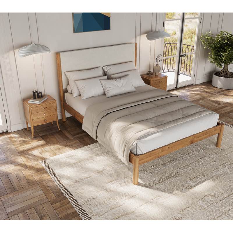 ardin solid wood bed frame with cream boucle upholstered headboard