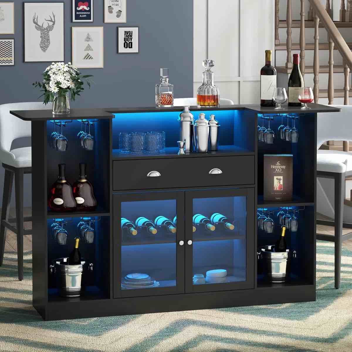 Kodeah 62.99'' Bar Table Cabinet with LED & Drawer, Mini Liquor Bar with 8-Tier Storage & Stemware Holder, Wine Alcohol Bar Stand with Glass Door & Adjustable Wine Rack, Crescent Shaped Counter for Home Pub