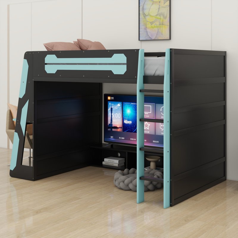 wood loft bed with desk, multi-storage shelves and rgb light