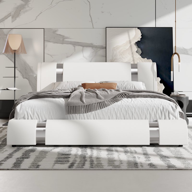 Platform Bed Frame With Iron Pieces Decor And Adjustable Headboard